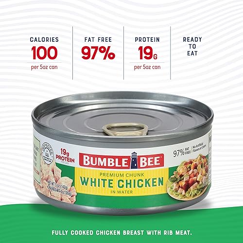 Miniatura 4 de Bumble Bee Pollo blanco de primera calidad, trozo en agua, lata de 5 onzas, 0.46 oz de proteína por porción, sin gluten, apto para dieta cetogénica,