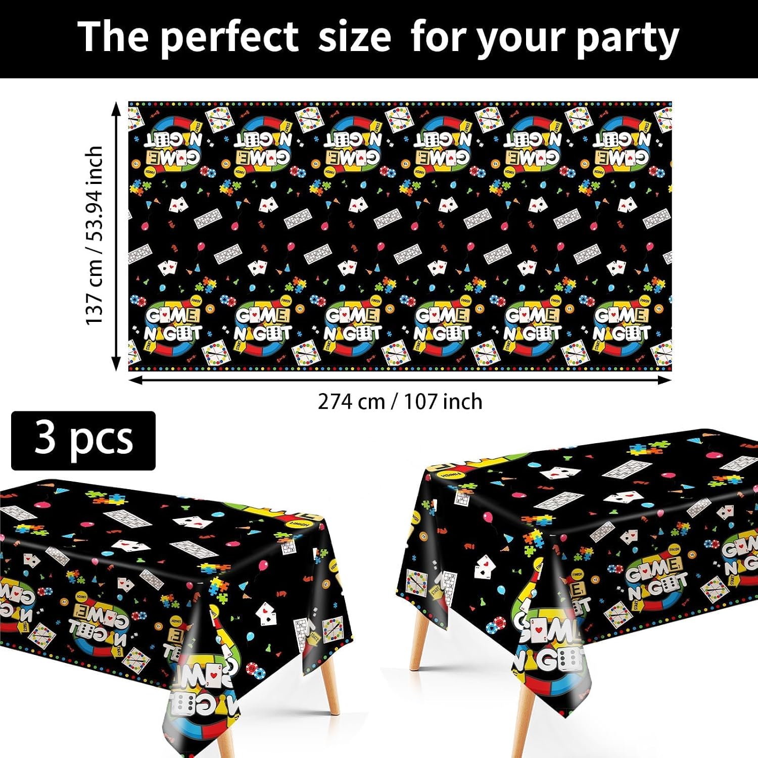 Grencian 3Pcs Family Game Night Party Tablecloth Game Night Table Cover Plastic Rectangle Gaming Themed Table Cloth for Kids Boys Gamer Family Gathering Party Decorations, 54 x 108 inch Family Game Night Tablecloth