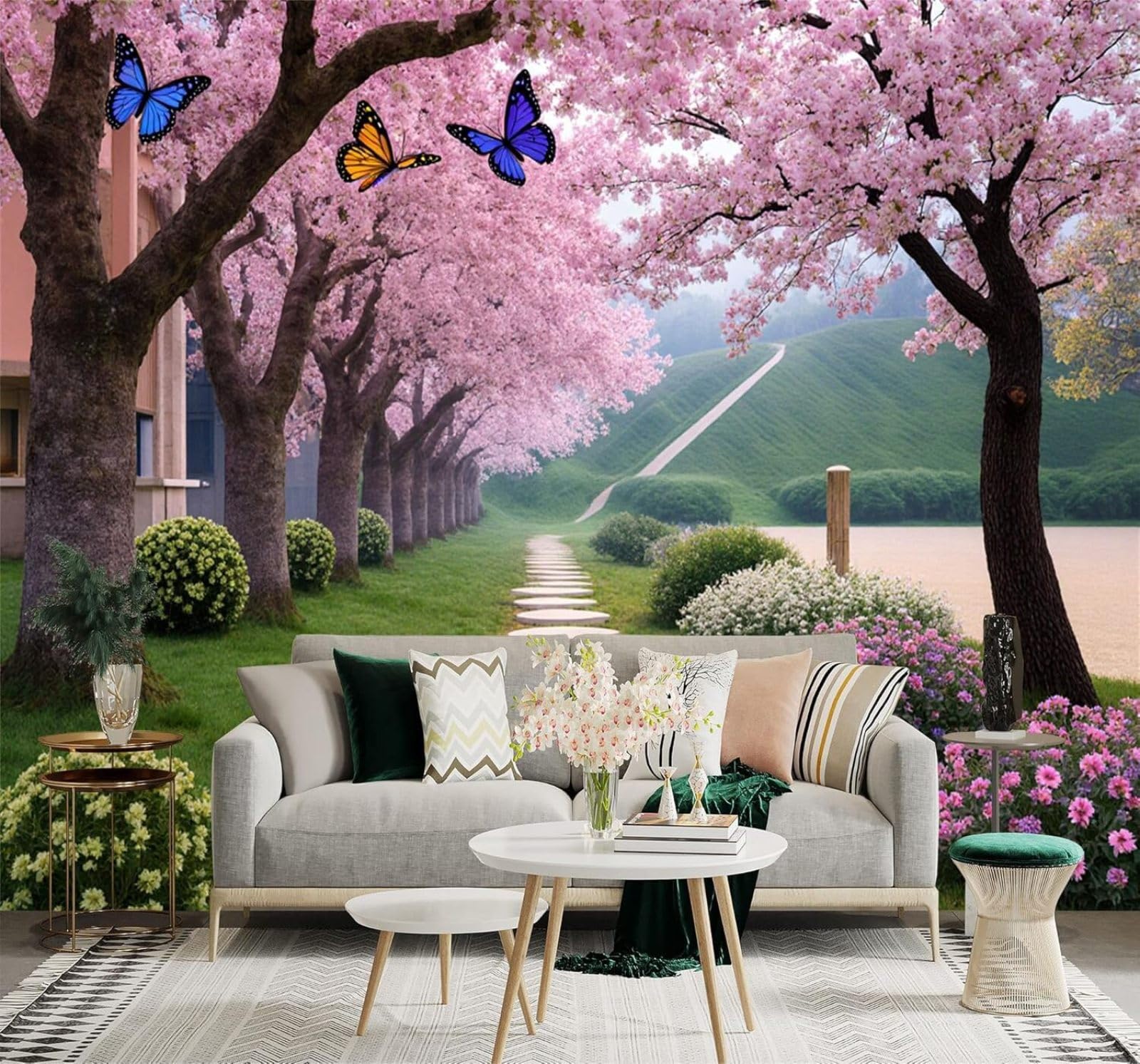 XLMING Cherry Blossoms Path Butterflies Spring Garden 3D Wallpaper Premium Textured Silk Study Dining Living Room Bedroom Sofa TV Wall Easy Install-400cm×280cm