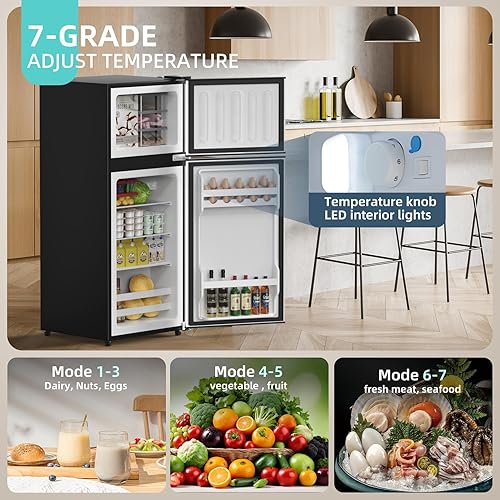 Miniatura 2 de Mini refrigerador con congelador, refrigerador pequeño de 3.8 pies cúbicos, ahorro de energía, bajo ruido, 7 termostatos ajustables, refrigerador
