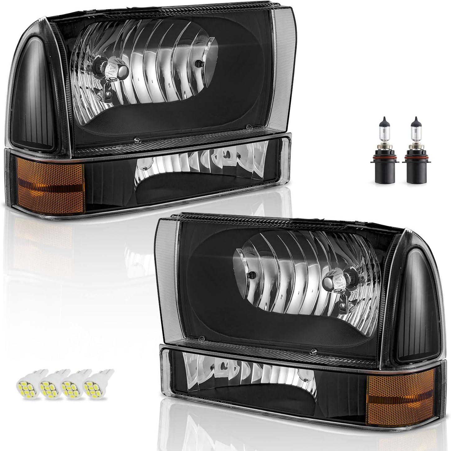 WEELMOTO Headlights Assembly W/Bulbs for 99-04 Ford Super Duty F250 F350 F450 F550, for 00-04 Ford Excursion Headlight with Bumper Signal Corner Light and LED parking light bulbs(4Pack)