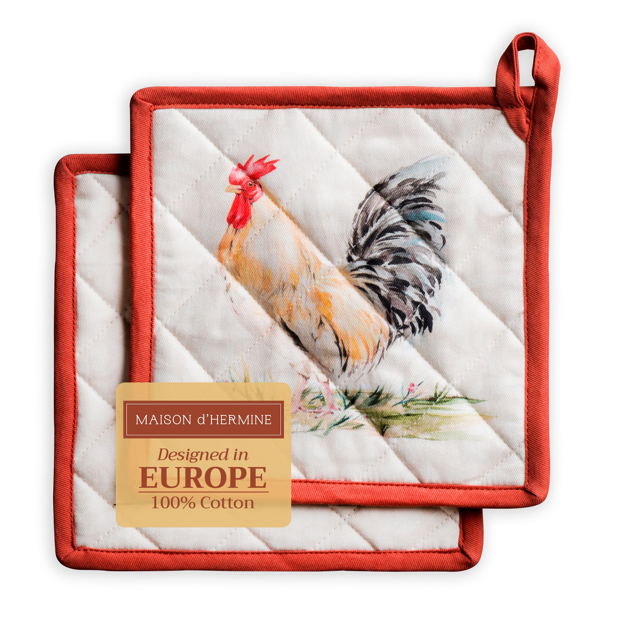 Maison d' Hermine Pot Holders set 100% Cotton Heat Resistant Potholders 20 cm x 20 cm Hot Pads with Loop BBQ, Cooking, Baking, Grilling, Handling Hot Pans Spring/Summer (Pack of 2, Campagne)