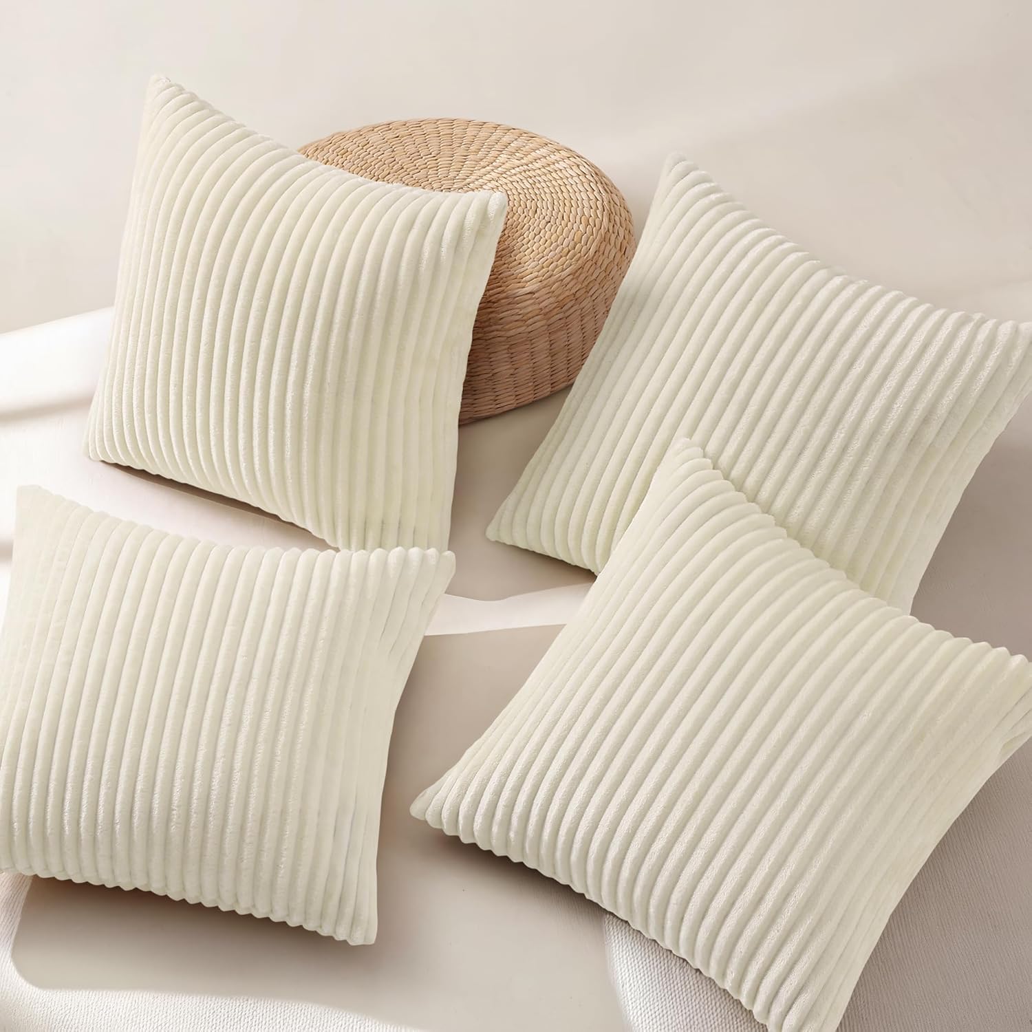 decorUhome Set of 4 Flannel Neutral Cream White Throw Pillow Covers 18x18 Inch, Spring Decorative Soft Double-Sided Fluffy Couch Pillow Covers, Farmhouse Pillow Cases for Sofa Living Room