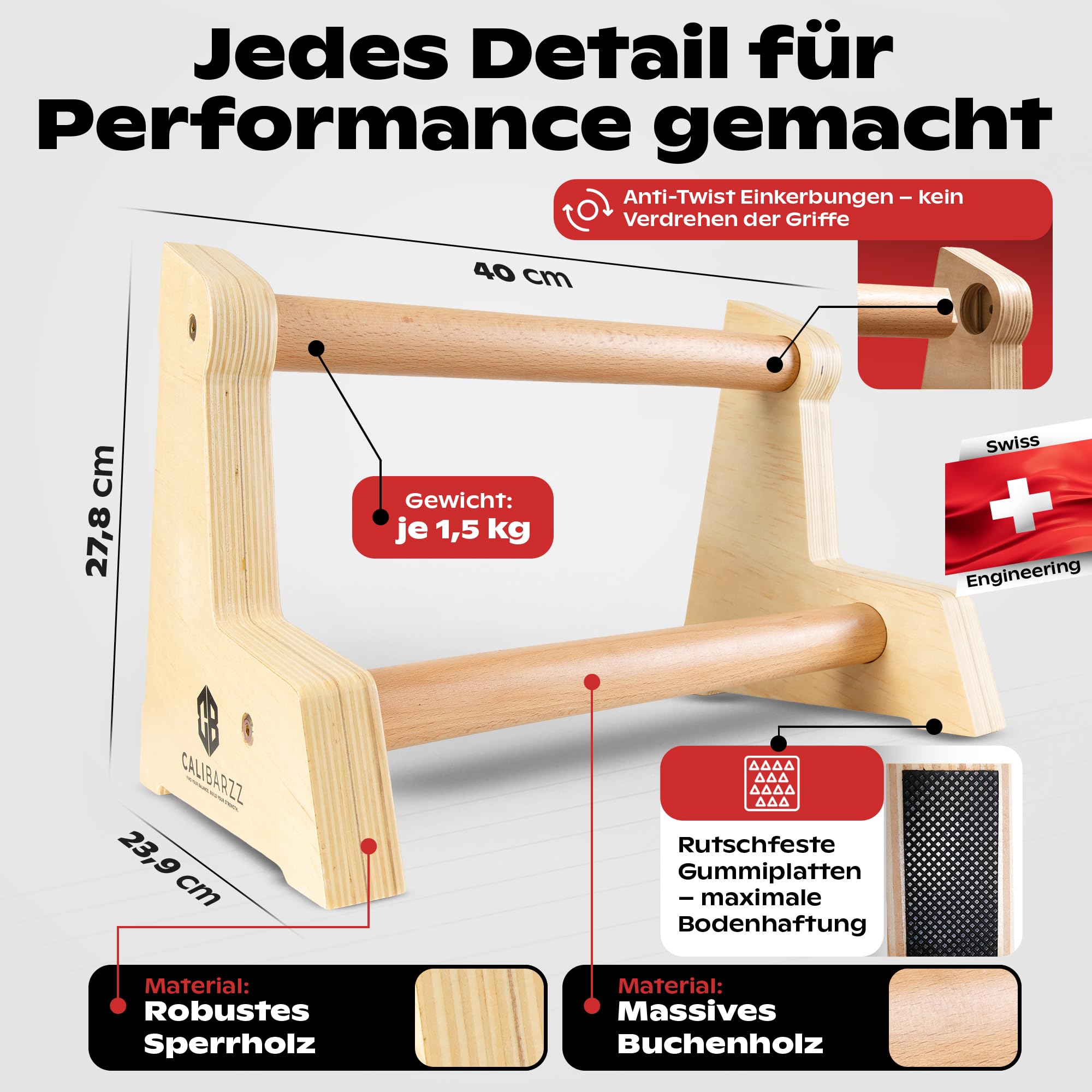 Calibarzz Parallettes & Liegestützgriffe aus Holz [3 Höhen] Push up Bars - Handstand Griffe - Dip Bars | Calisthenics Equipment für Home Workout und Outdoor