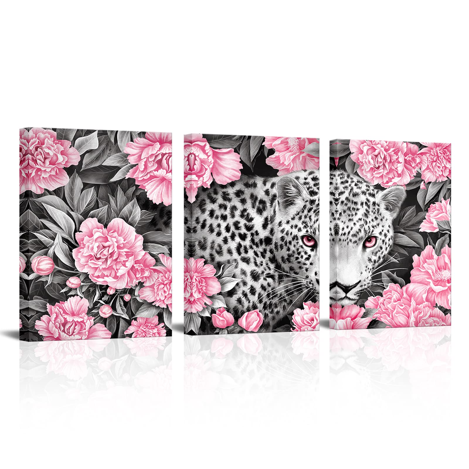 Visual Art Decor Picture for Bedroom Wall Decoration Black and White Leopard in Pink Poenies Blossom Flowers Painting Giclee Canvas Prints Artwork for