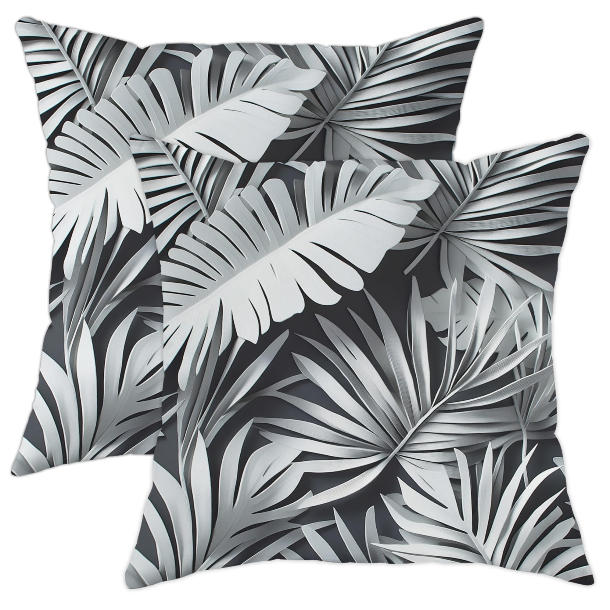 Tropical Pillow Covers Set of 2, Monochrome Palm Leaf Print Throw Pillows Case, Summer Decorative Square Indoor Outdoor Cushion Covers for Home Sofa Bed Couch 16x16 Inch