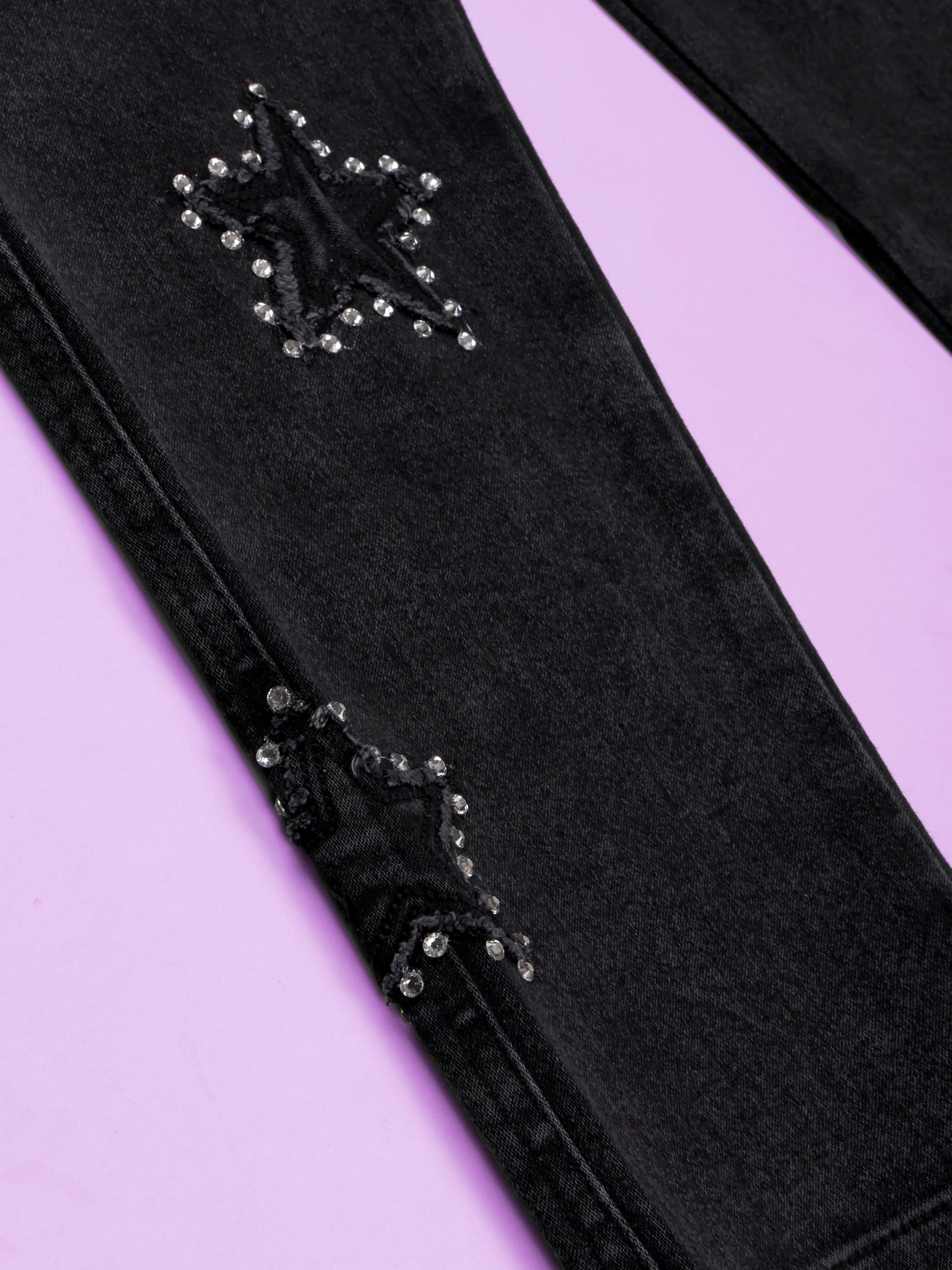 KiddoPanti Girls Full Length Frayed Star Patch Washed Denim Jeans with Elasticated Waistband, Black Rag Wash with Rhinestones - 10-12Y 3