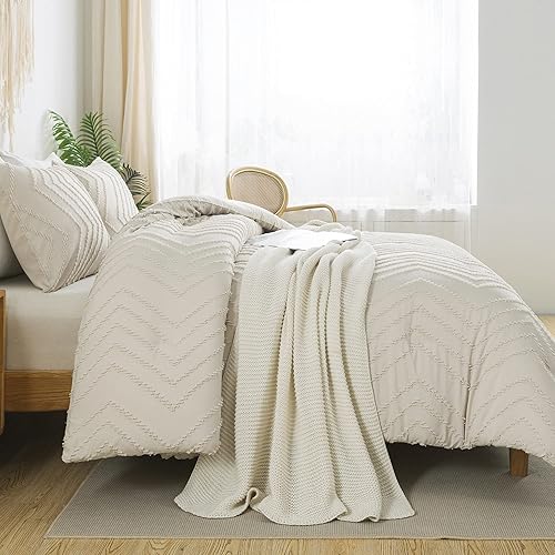 Miniatura 7 de Litanika Juego de edredón de tamaño matrimonial, color beige, bohemio, ligero, esponjoso, juego de ropa de cama para cama, juego de cama de 3 piezas