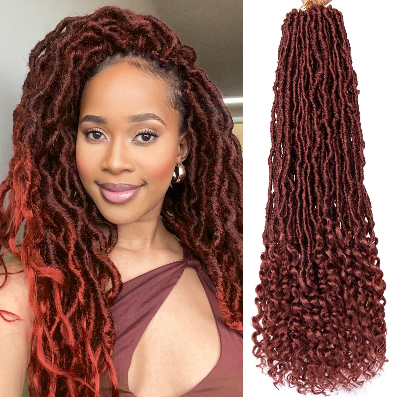 24 Inch New Faux Locs Crochet Hair 7 Packs Copper Red Soft Locs With Curly Ends Pre-looped Synthetic Long Goddess Nu Locs Wavy Curly Braiding Hair for