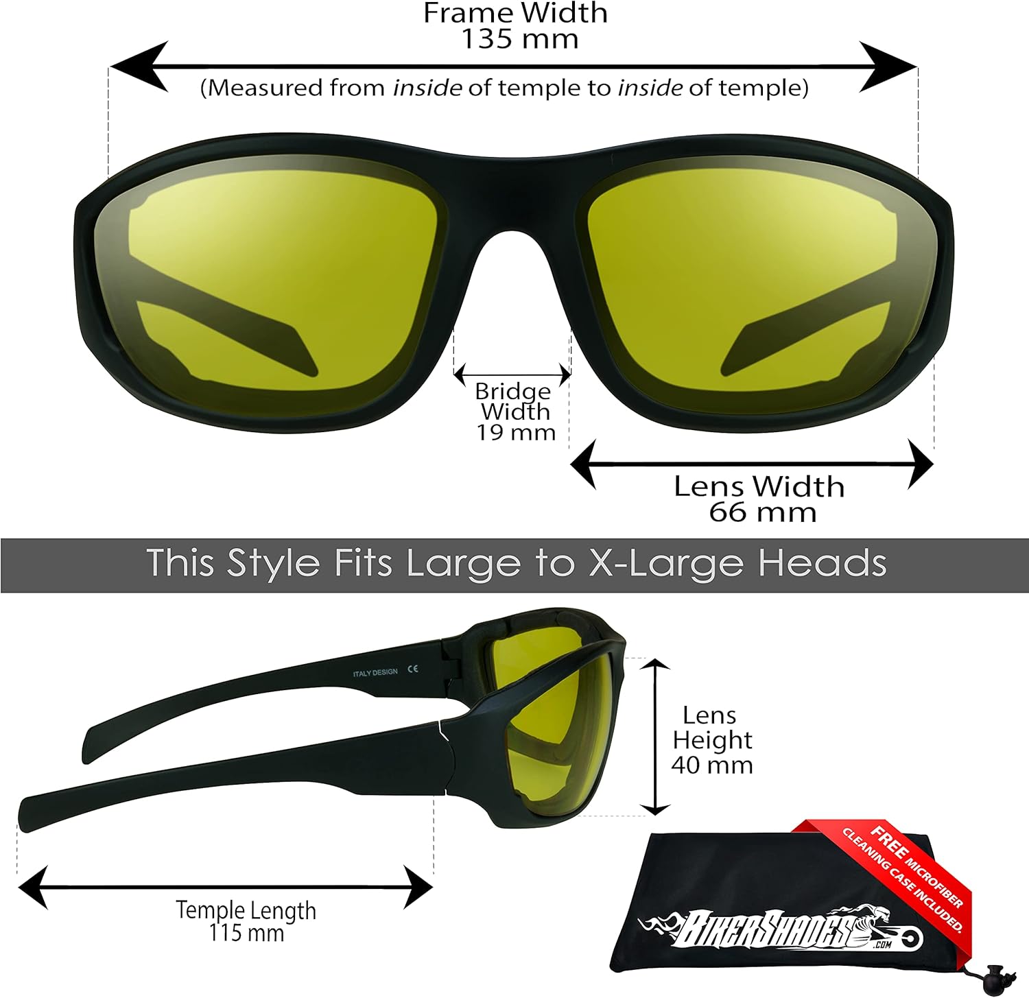 Bikershades Transitional Motorcycle Safety Glasses Photochromic Yellow to Dark Yellow Brown Lens with Zipper Case