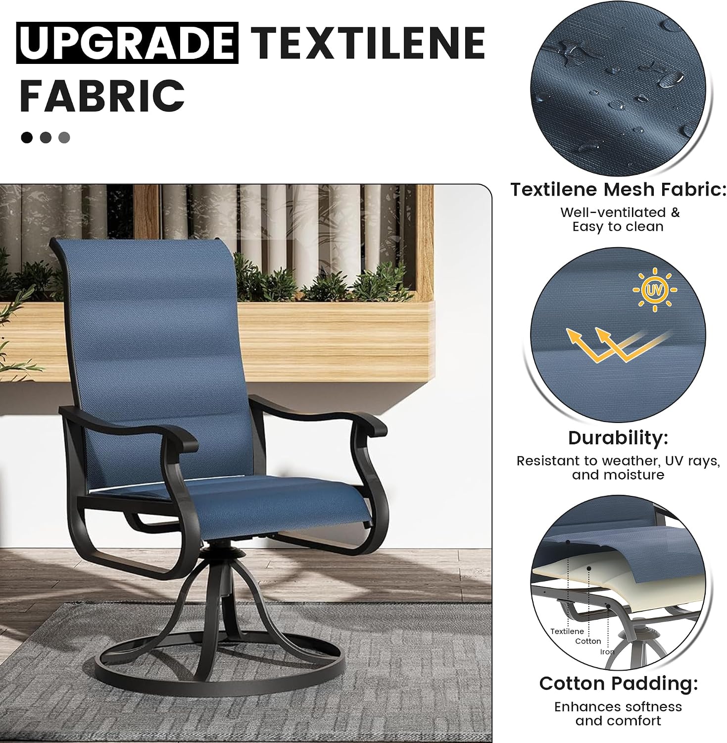 Patio Swivel Chairs Set of 2, Padded Outdoor Dining Chairs with High Back | Patio All-weather Swivel Breathable Textilene Metal Rocking Frame Chair for Lawn, Porch or Garden(Padded Navy) image 6