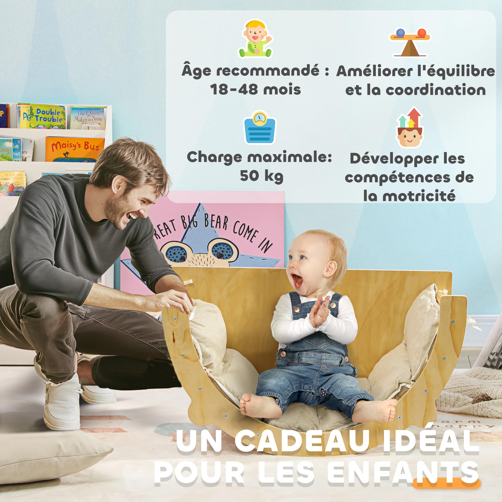 AIYAPLAY 3 en 1 Arche Escalade Enfants, Chaise à Bascule et Table de Jeu avec Coussin - Parcours motricité bébé en en Bois Massif pour garçons & Filles de 18 à 48 Mois, Bois Naturel