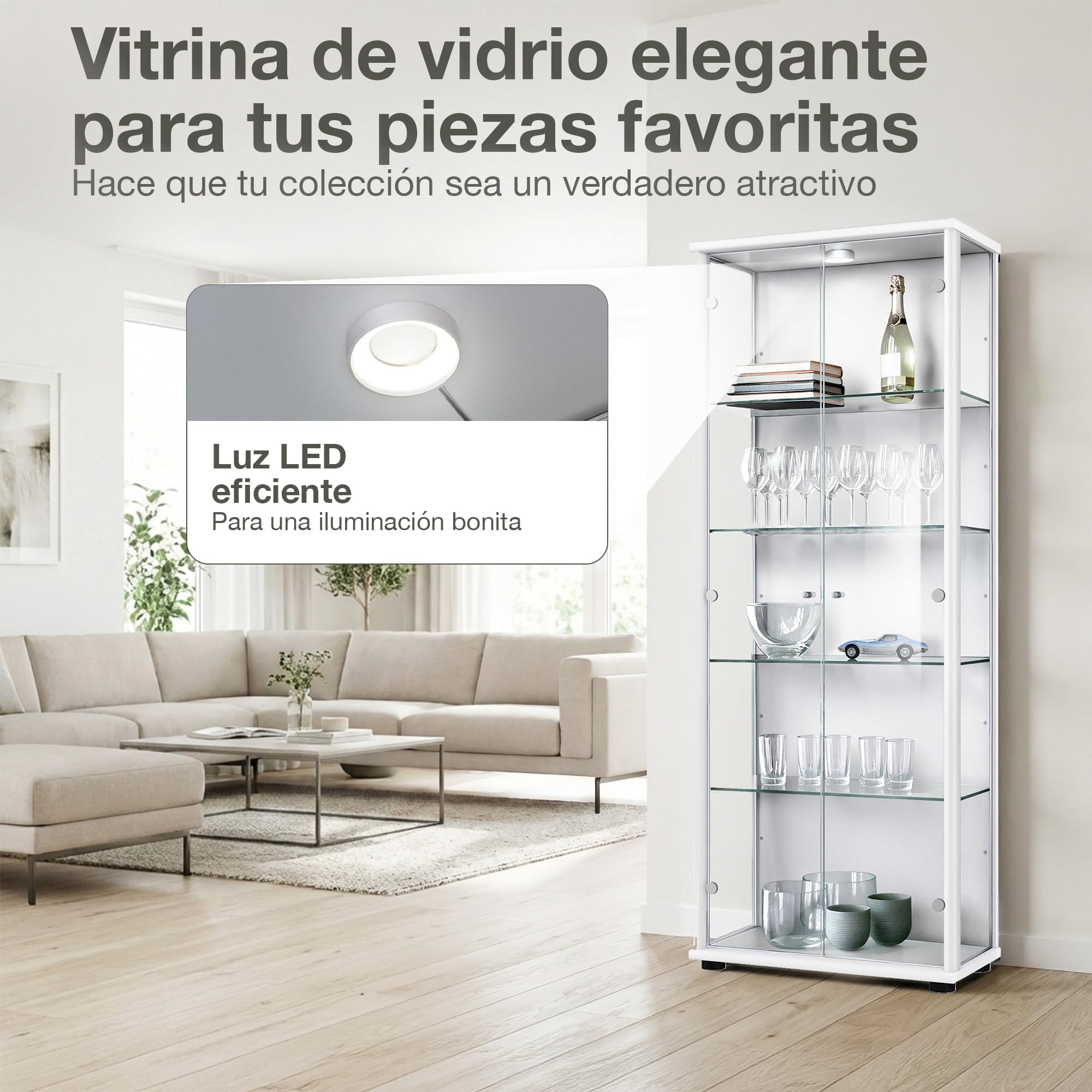 Vitrina de Cristal Blanca (176x67x33 cm) con 4 estantes de Cristal Regulables en Altura & LED - Vitrina Blanca Modelo Coche - Vitrina de colección