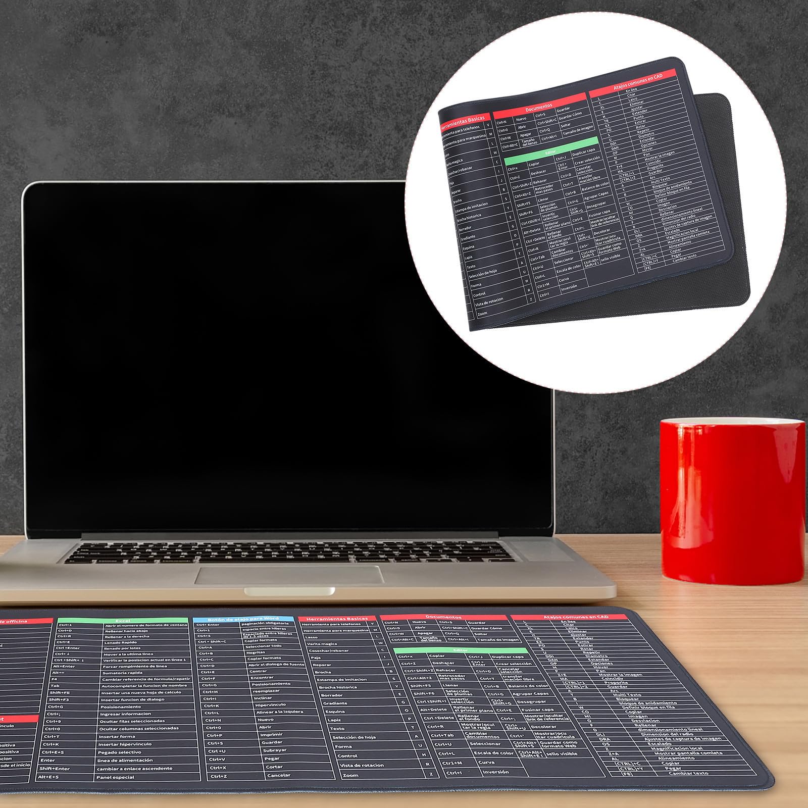 Kisangel Alfombrilla de Ratón y Gaming para Oficina y Multifuncional Antideslizante y Teclado de Goma Atajos de Teclado Tapete Práctico y Estable para Escritorio