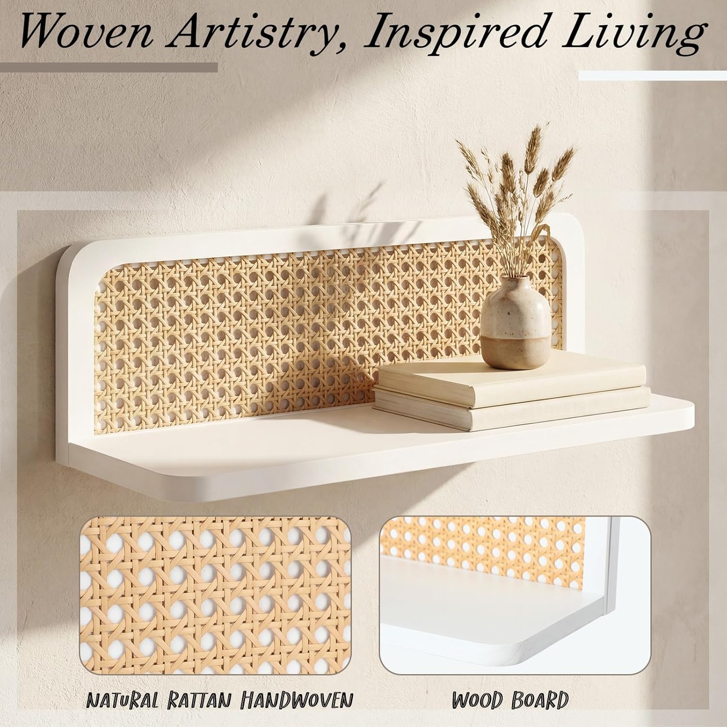 Kathfly Floating Shelves for Wall Set of 4 Mounted Rustic Boho Rattan Wood Wall Shelves for Bathroom Bedroom Living Room Kitchen 15.7 White Hanging Shelf for Book Storage Farmhouse Decor