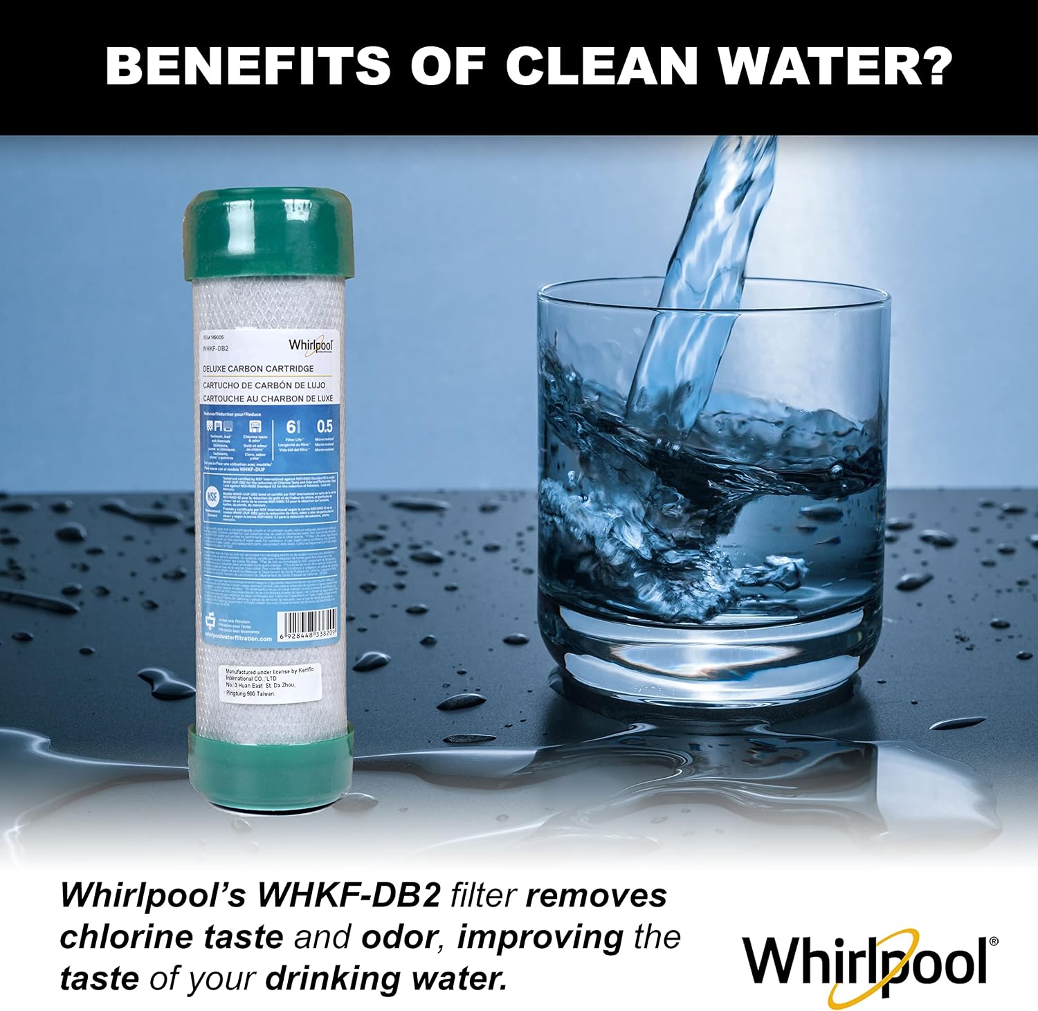 Whirlpool Undersink Premium Carbon Block Filter WHKF-DB2, 0.5 Micron Rating Reduces Mercury, Lead, Cysts, Asbestos, 6-Month Life, Use for Home Drinking Water Filtration or Reverse Osmosis System