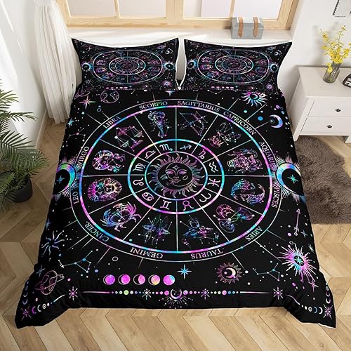 Juego de ropa de cama de sol y luna, tamaño matrimonial, juego de funda de edredón de constelación del zodiaco y galaxia estrellada, 3 piezas para