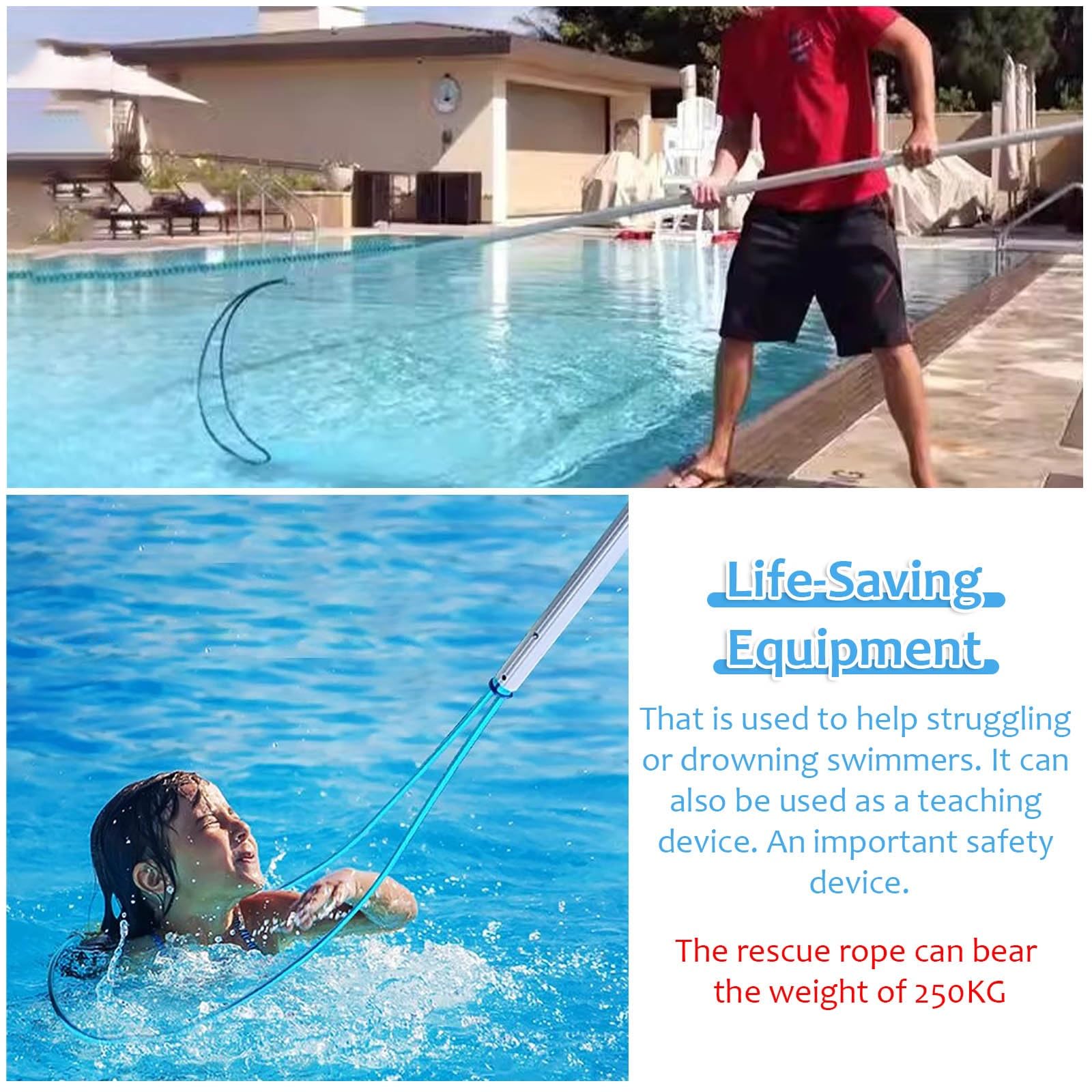 Poste de Rescate para Piscina, Poste Salvavidas de Emergencia para Piscina - Telescópico de 3 a 3,6 m, Resistente, con Gancho de Seguridad Ajustable para Adultos y niños, Equipo de Rescate m