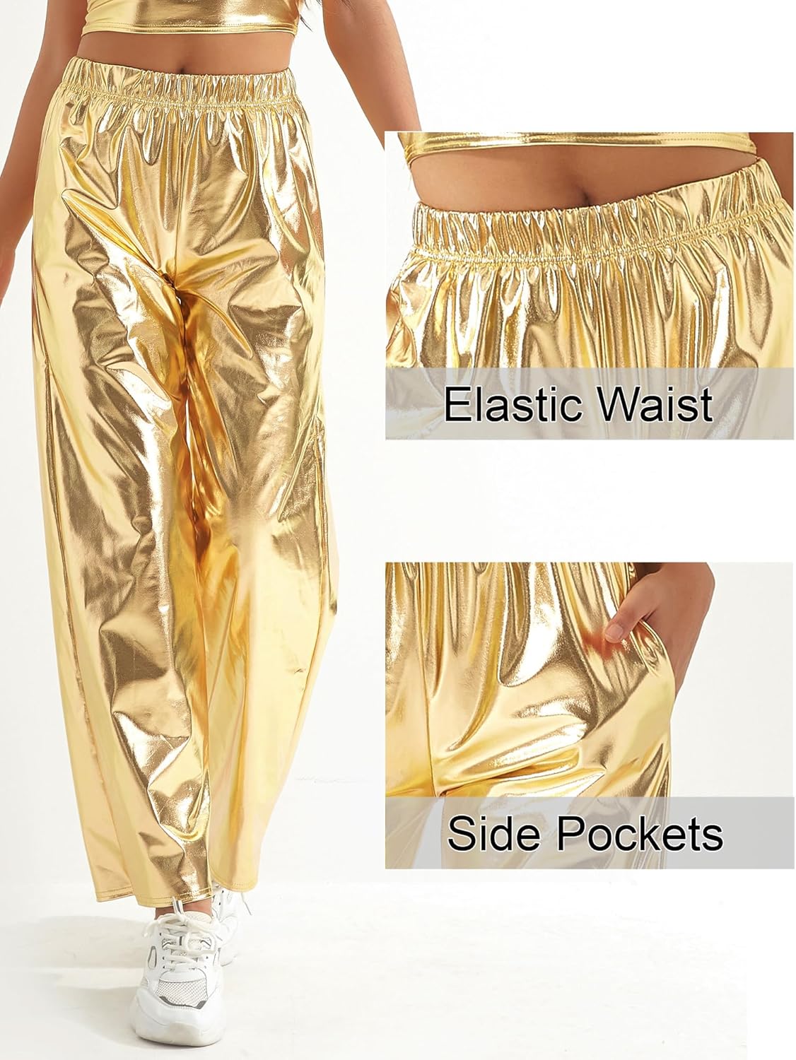 FEOYA Women's Shiny Metallic Rave Pants Elastic High Waist Wide Leg Trousers Hip Hop Disco Jogger Sweatpants Clubwear - Image 5