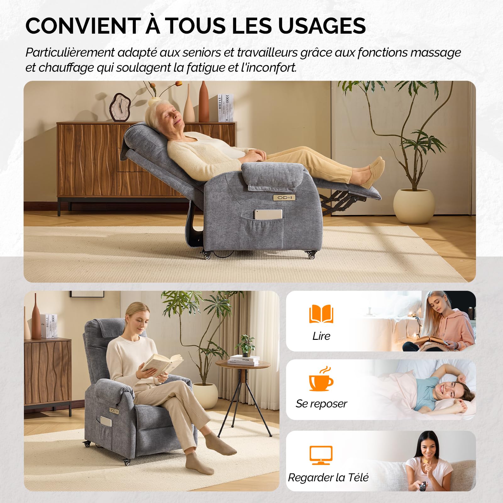 Bonnlo Fauteuil Massant, Fauteuil de Relaxation avec 6 Points de Massage et Chauffage, Dossier et Repose-Pieds Réglable Automatiquement, Équipé d'un Appui-tête et Un Coussin, Gris Foncé, Tissu