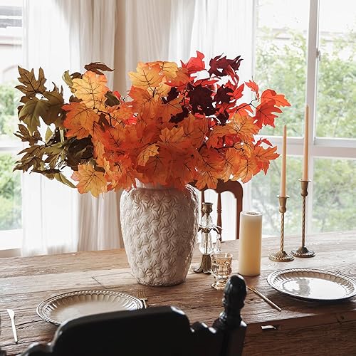 Miniatura 7 de MISSPIN Tallos artificiales de hojas de arce de otoño, 8 piezas de decoraciones de otoño para interiores y exteriores, Halloween, Acción de Gracias,