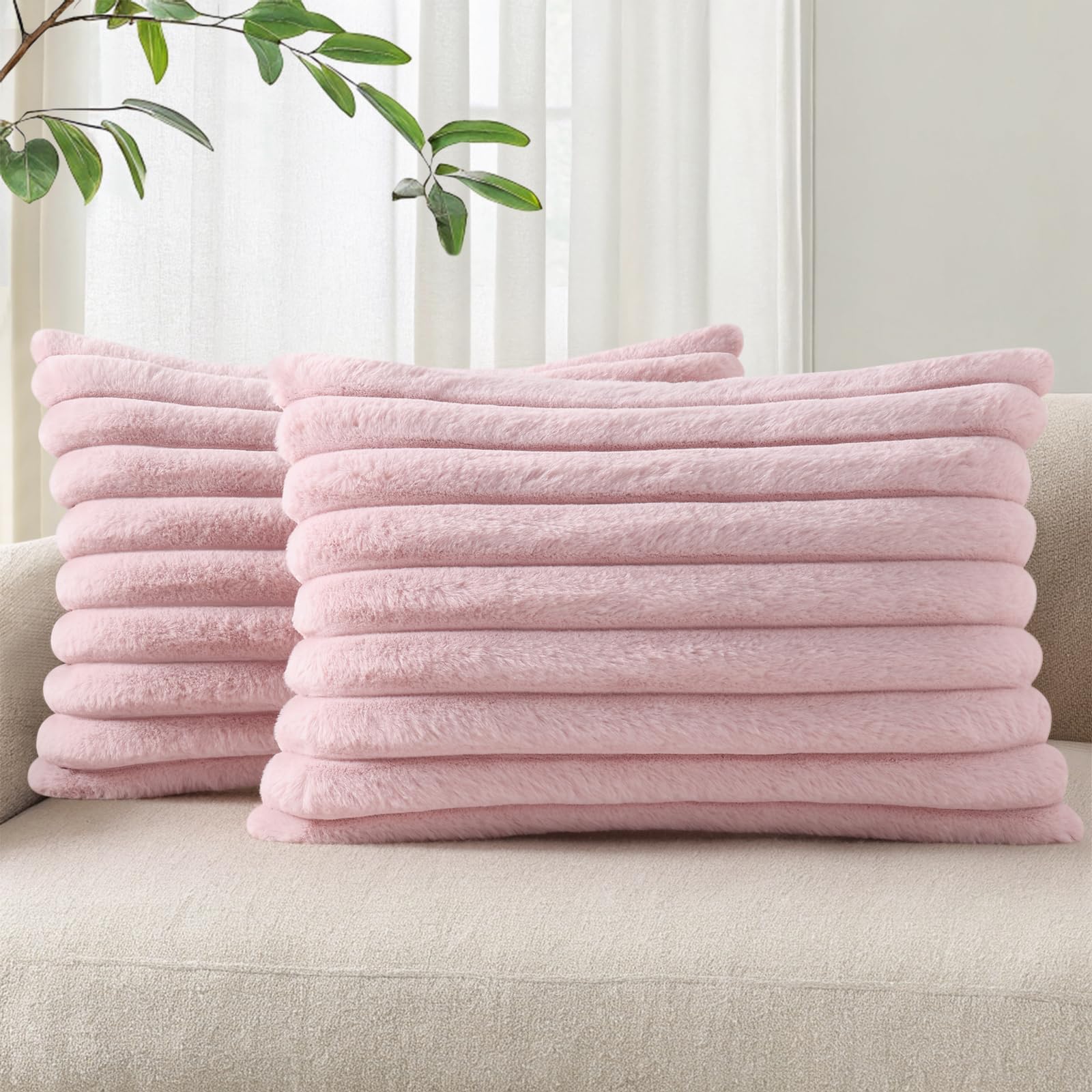 Faux Fur Plush Lumbar Throw Pillow Covers 12x20 Set of 2, Luxury Soft Fluffy Striped Decorative Pillow Covers for Sofa, Couch, Living Room, Blush Pink