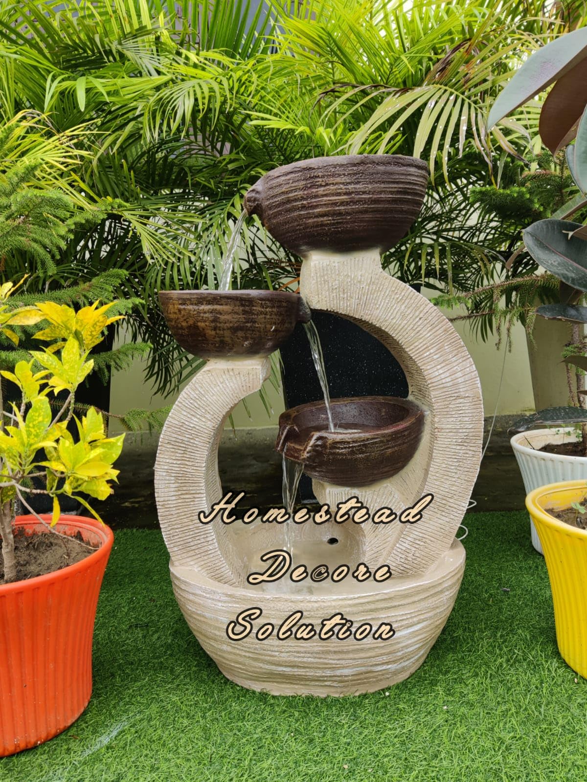 Homestead Decore Solution 3-Tier Cascading Water Fountain with LED Light Big Size 3 feet, Decorative Home Decor Office Garden Water Feature with Textured Bowls, White and Brown Indoor Outdoor Fiber-image-16