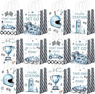Zhanmai 24 Pcs Blue Racing Car Gifts Goodies Bags with Handles for Birthday Party Supplies Trophy Filling Station Wheel Helmet Checkered Paper Racing Car Treat Candy Bags for Party Favors Decoration