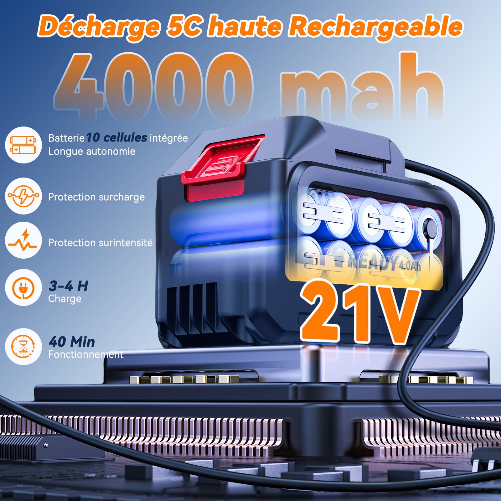 100Bar Nettoyeur Haute Pression sans Fil 2026, 6 en 1 Nettoyeur Haute Pression sur Batterie, débit de 240 L/h, Moteur en Cuivre Pur, 20 000 TR/Min, pour Voiture, Moto, Fenêtres et Terrasse