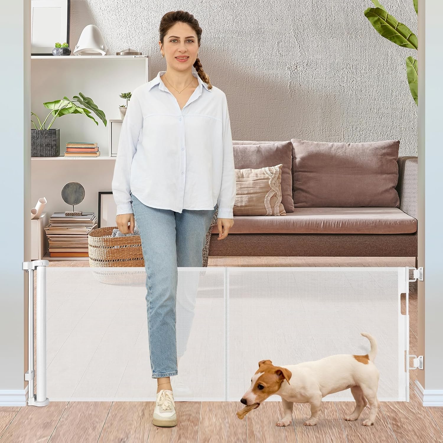 24 Inches Tall Retractable Dog Gate for The House, Short Baby Gates to Step Over, Extends up to 55" Wide, Reinforced Mesh Puppy Gate for Doorways, Step Over Pet Gate for Stairs, Indoor/Outdoor (White)