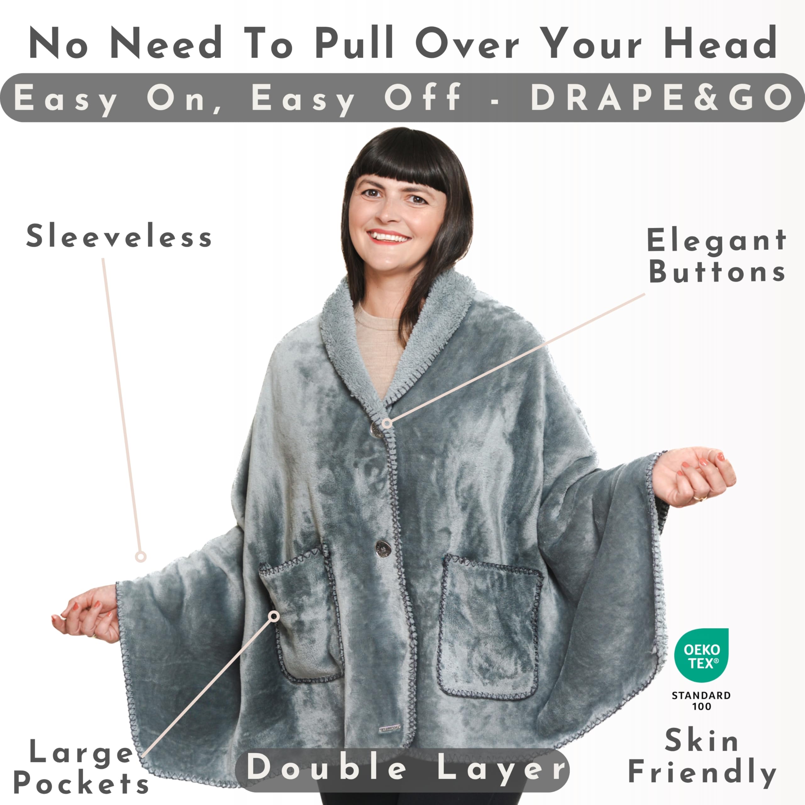 EzrAllora Premium Double Layer Poncho Blanket - No Sleeves Easy On Easy Off- Drape and Go- 2 pockets - Gifts for Grandma (Silver Grey)