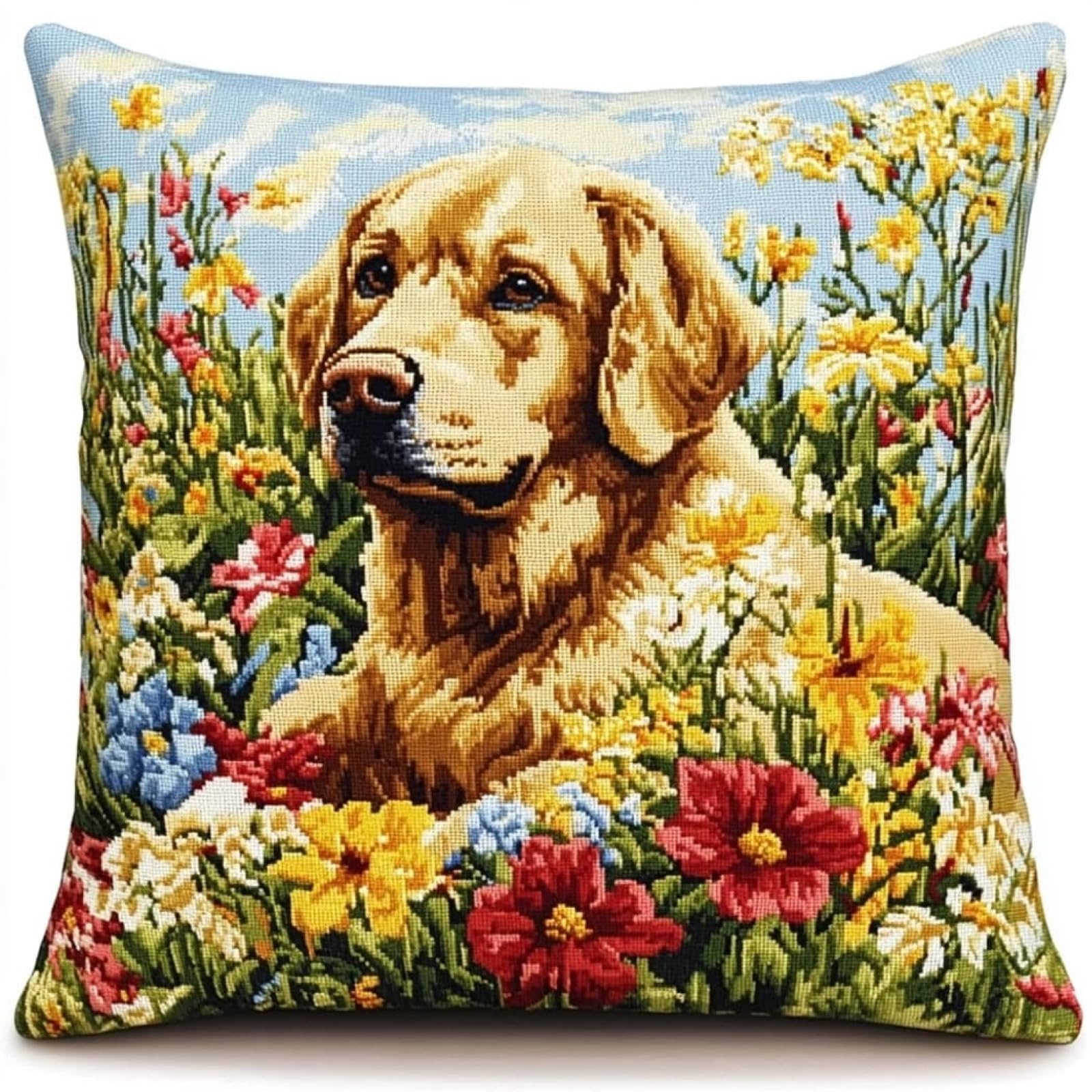 WallustrioaW Cross Stitch Kits Cushion Throw Pillow,Labrador Retriever in the Flowerbed Needlework Kit for Adult Beginners 11ct Set Decoration Embroidery Pillow Case 18x18in