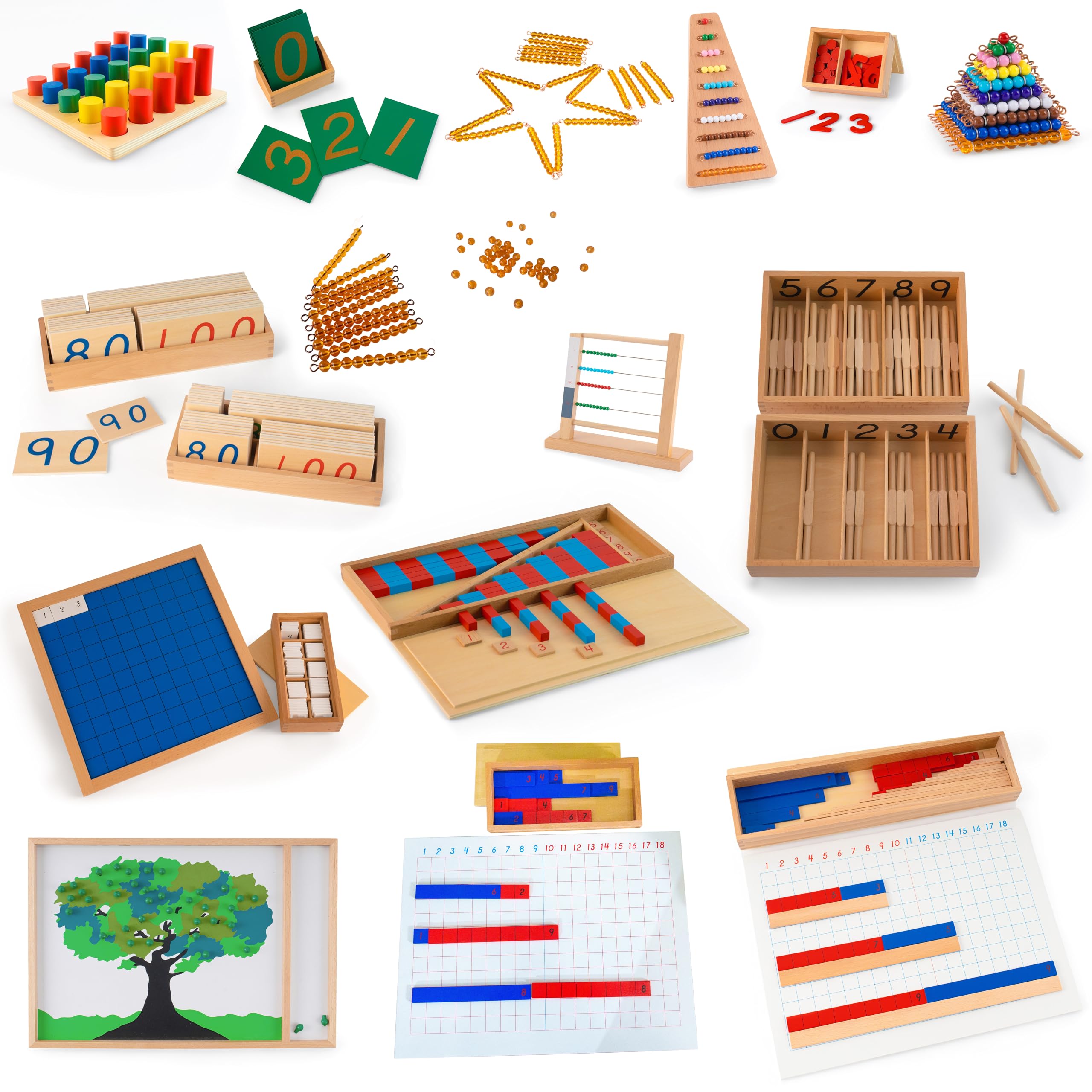 Kit mathématique Montessori de qualité supérieure 1 – 17 pièces en bois de hêtre, compréhension des chiffres et système décimal, jouet éducatif pour enfants de 3 à 6 ans, maternelle et à