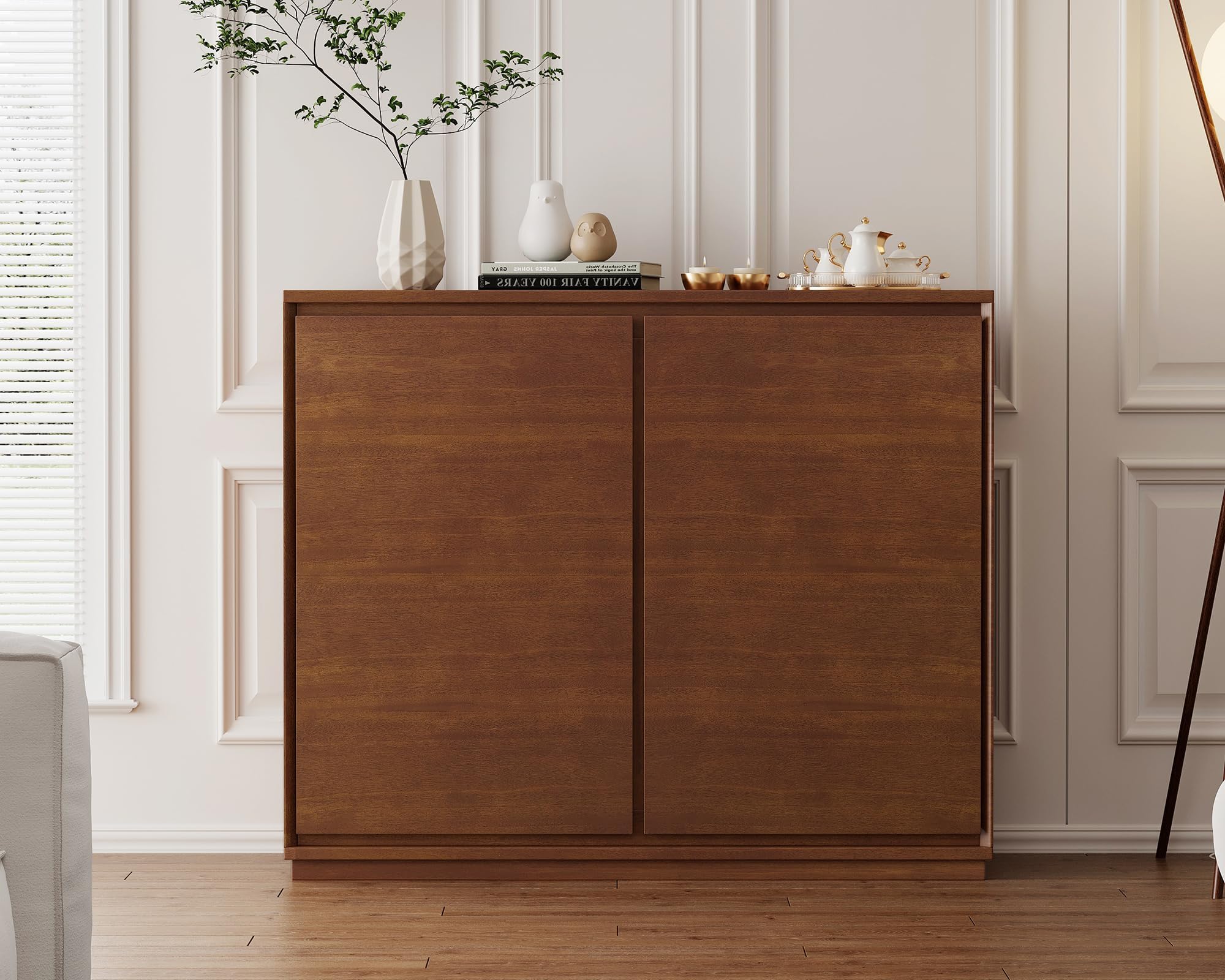 Mid Century Modern Sideboard Buffet Cabinet, Narrow Walnut Sideboard,Wood Storage Cabinet Credenza with 2 Doors for Living Room, Kitchen, Entryway, Hallway(9.25" D*39" L)