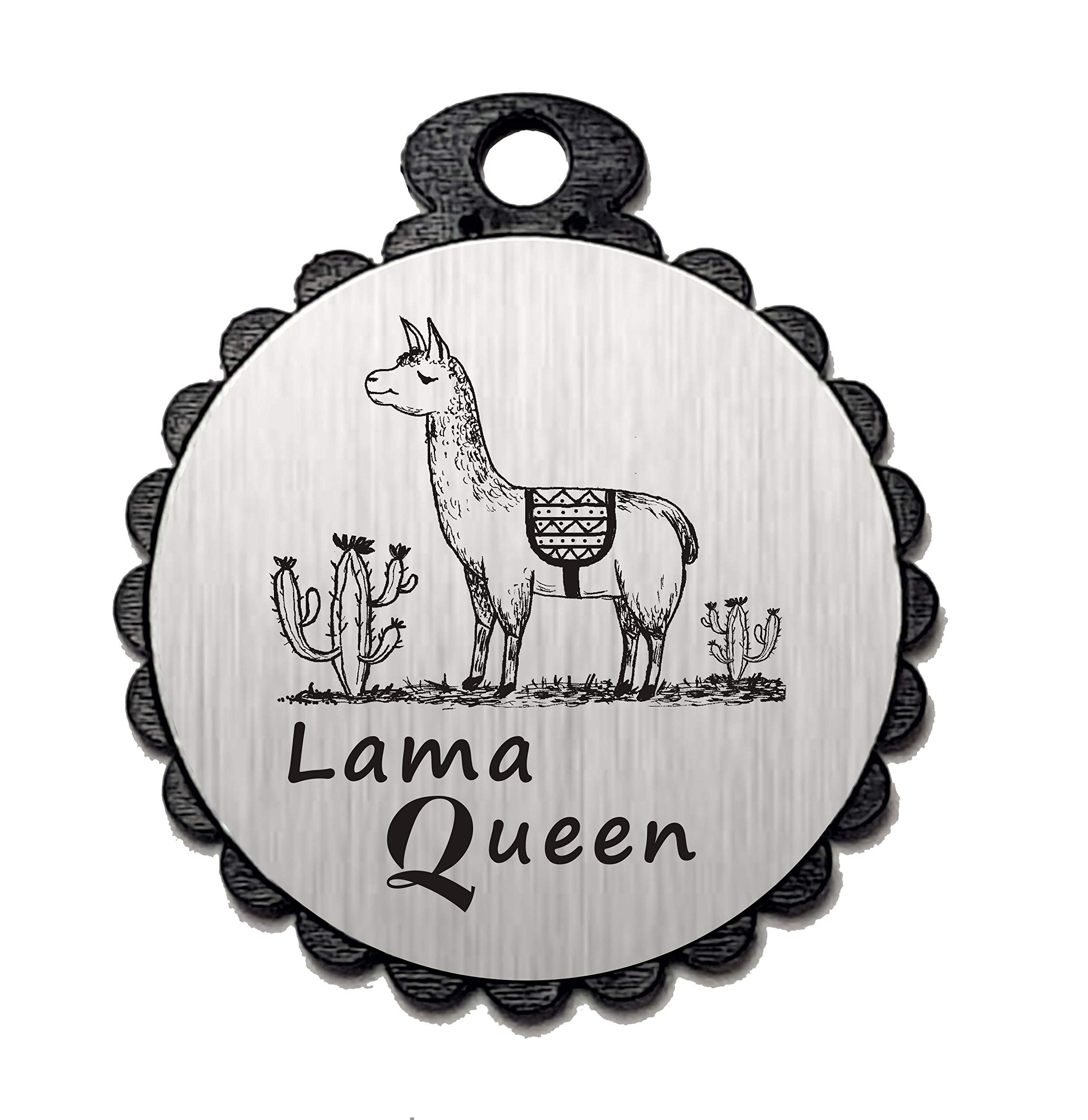 Round Pendant "Lama Queen" with Motif Aluminium Look Silver Gift Tag Keyring Lucky Charm Decoration Lamas Camel Cactus