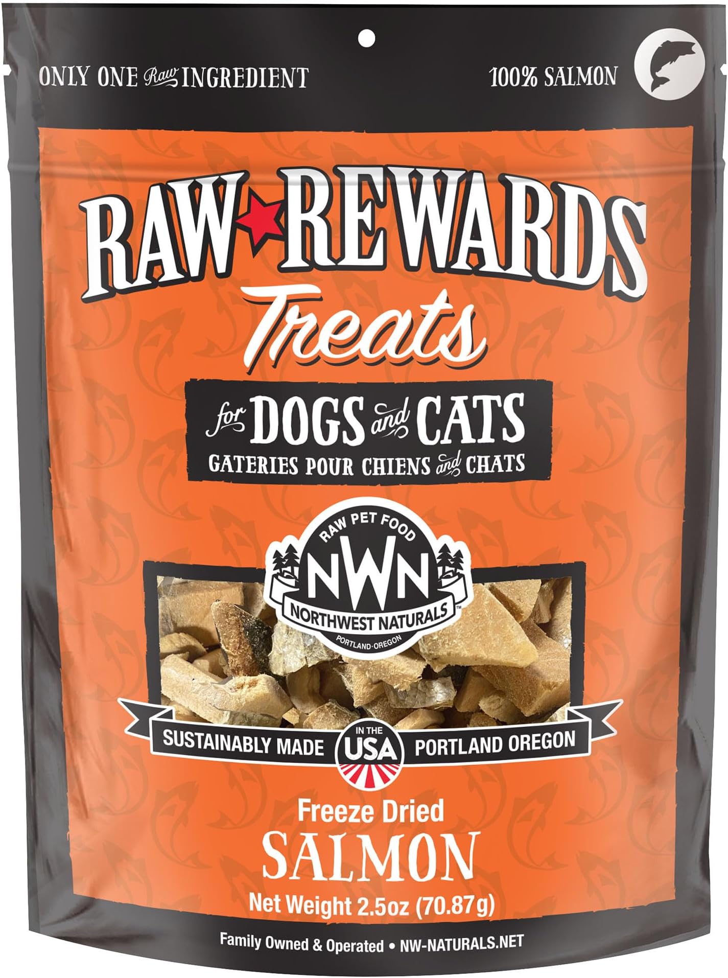 Raw Rewards Freeze-Dried Salmon Treats for Dogs and Cats - Bite-Sized Pieces - Healthy, 1 Ingredient, Human Grade Pet Food, All Natural, Proudly Made in USA, 2.5 Oz