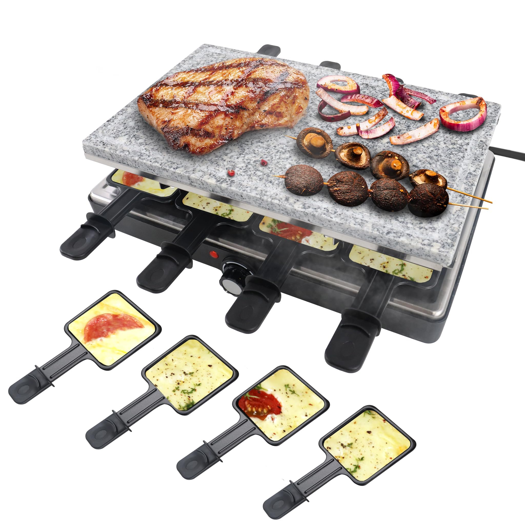 ACXIN Grill raclette dla 8 osób, z naturalnym kamieniem do grillowania i powłoką zapobiegającą przywieraniu, 8 patelni i drewniana szpatułka, maks. 1400 W, elektryczna patelnia grillowa, do użytku