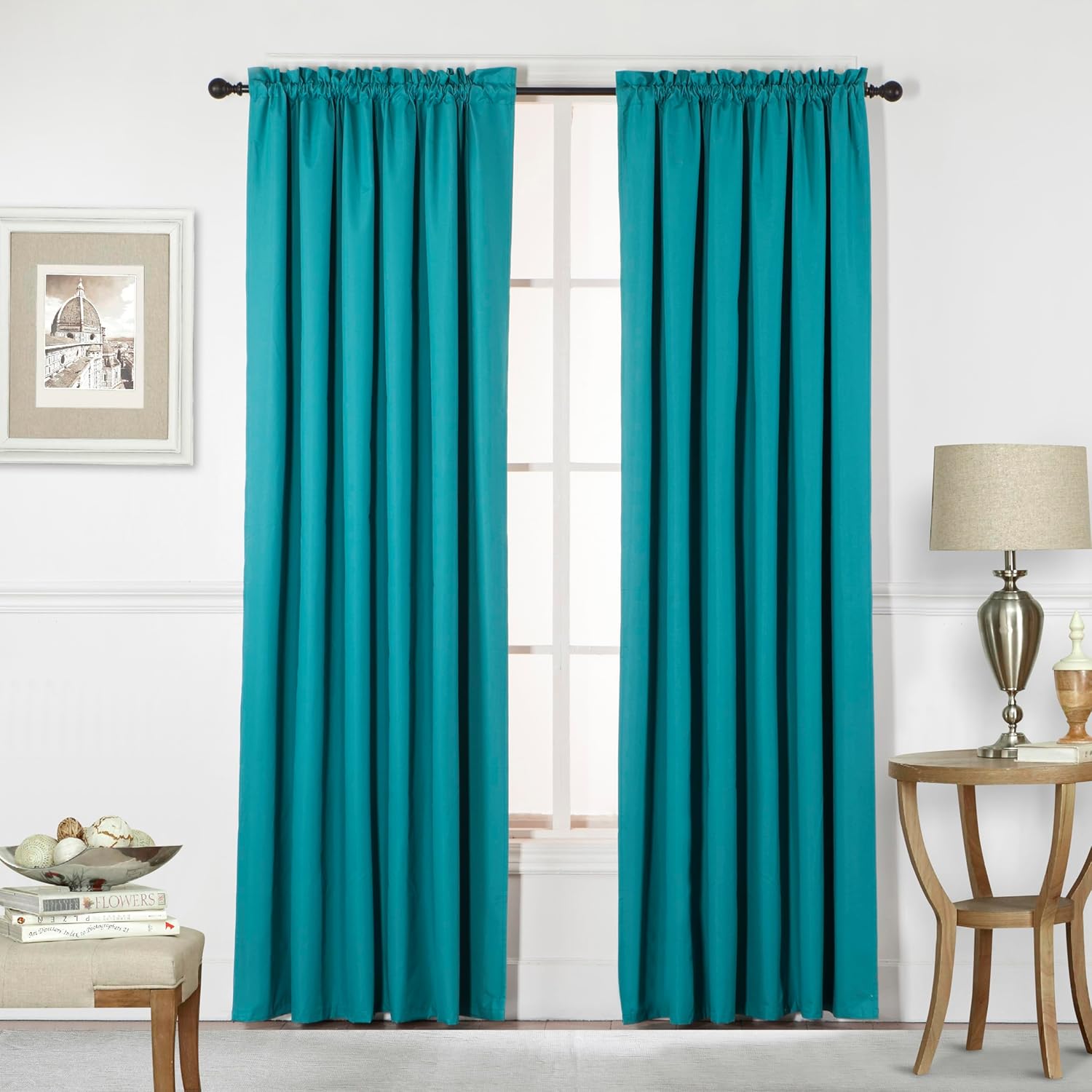 2 Pc Rod Pocket 100% Blackout Window Curtain Panel Set, Teal, Window Bedroom, Living Room 52" W x 84" L