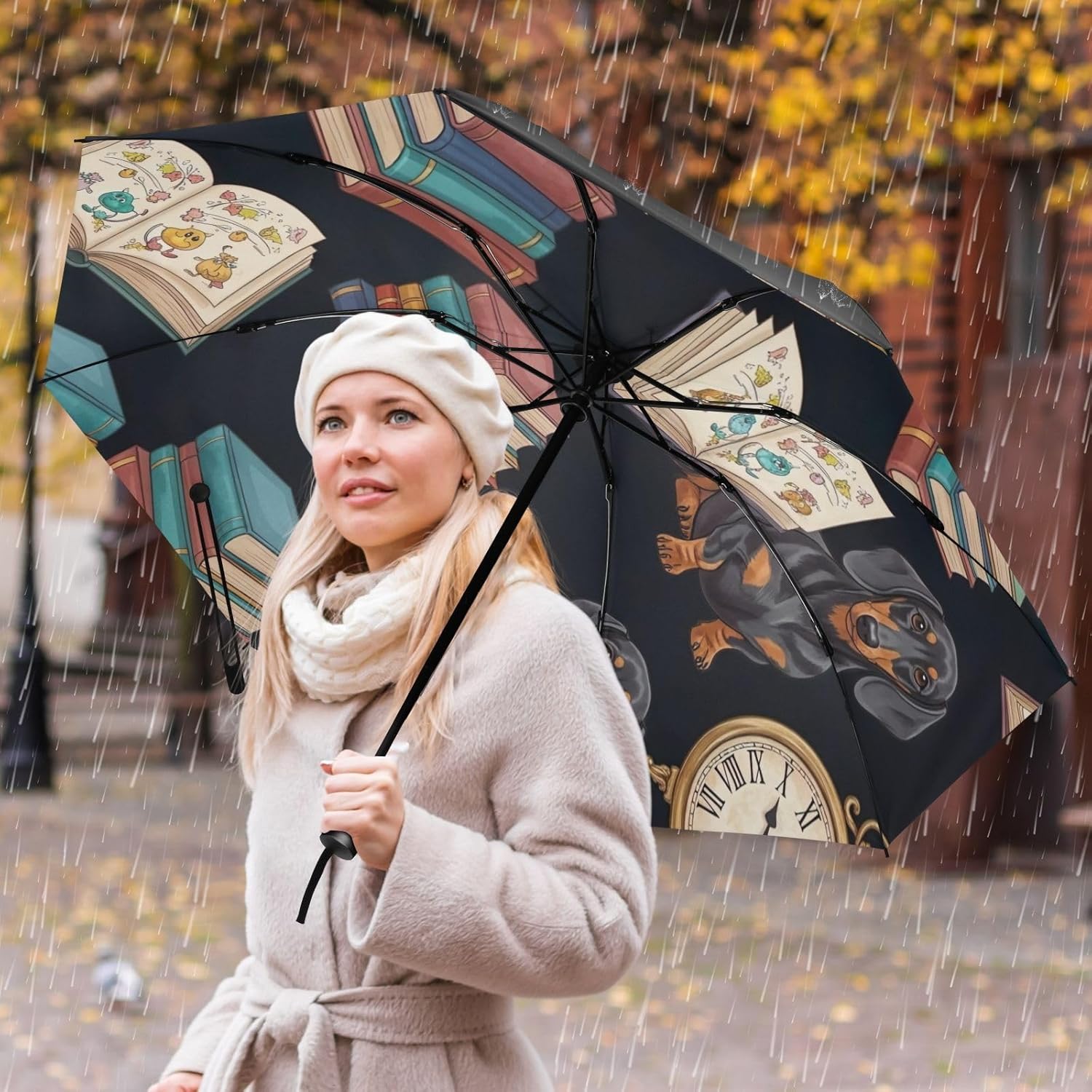 GAIREG Dachshund Dog Reading Books Print Folding Umbrella, Automatic Open Close Compact Travel Umbrella for Sun and Rain Windproof Waterproof