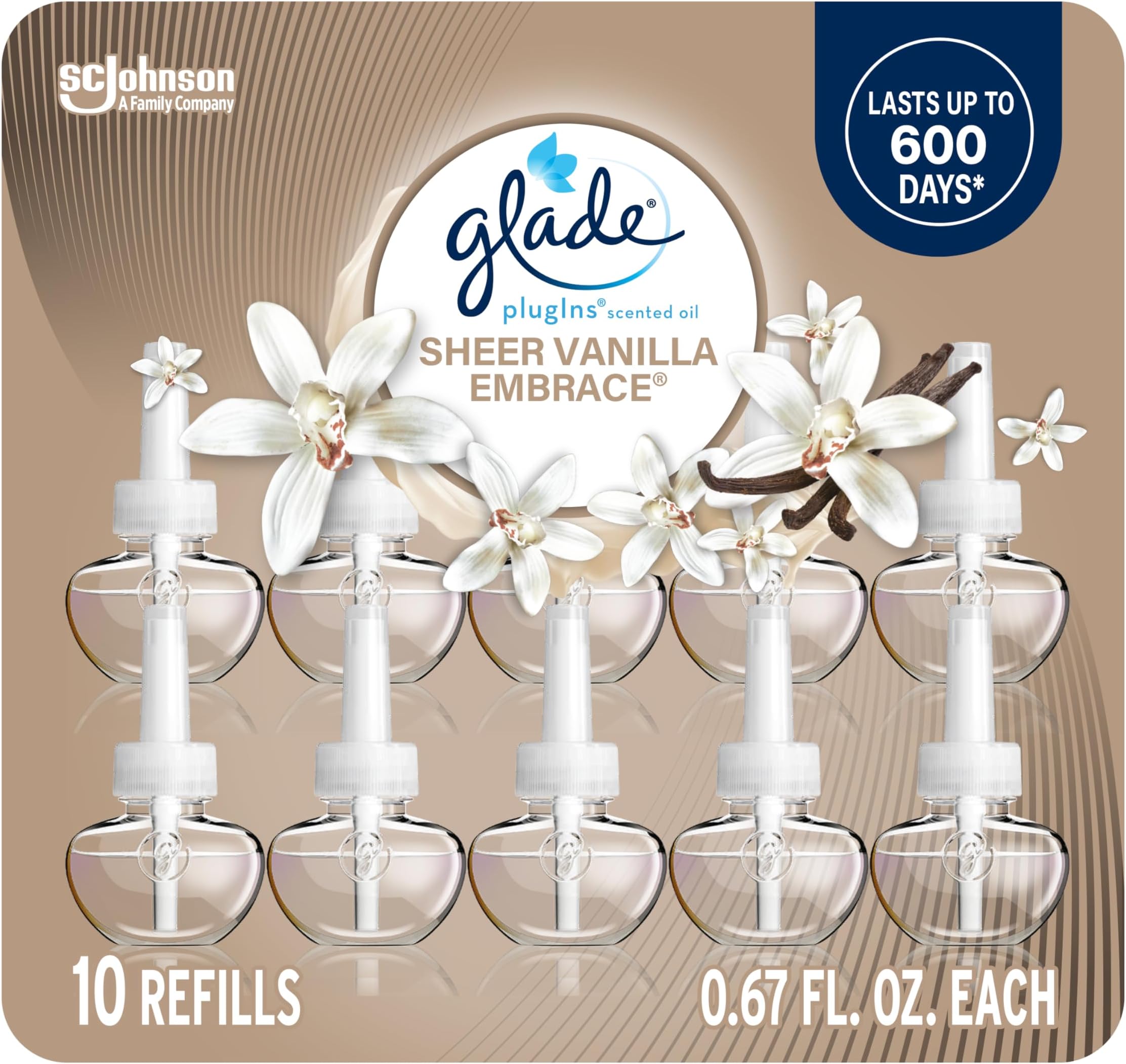 Glade PlugIns Refills Air Freshener, Scented and Essential Oils for Home and Bathroom, Sheer Vanilla Embrace, 6.7 Fl Oz, 10 Count