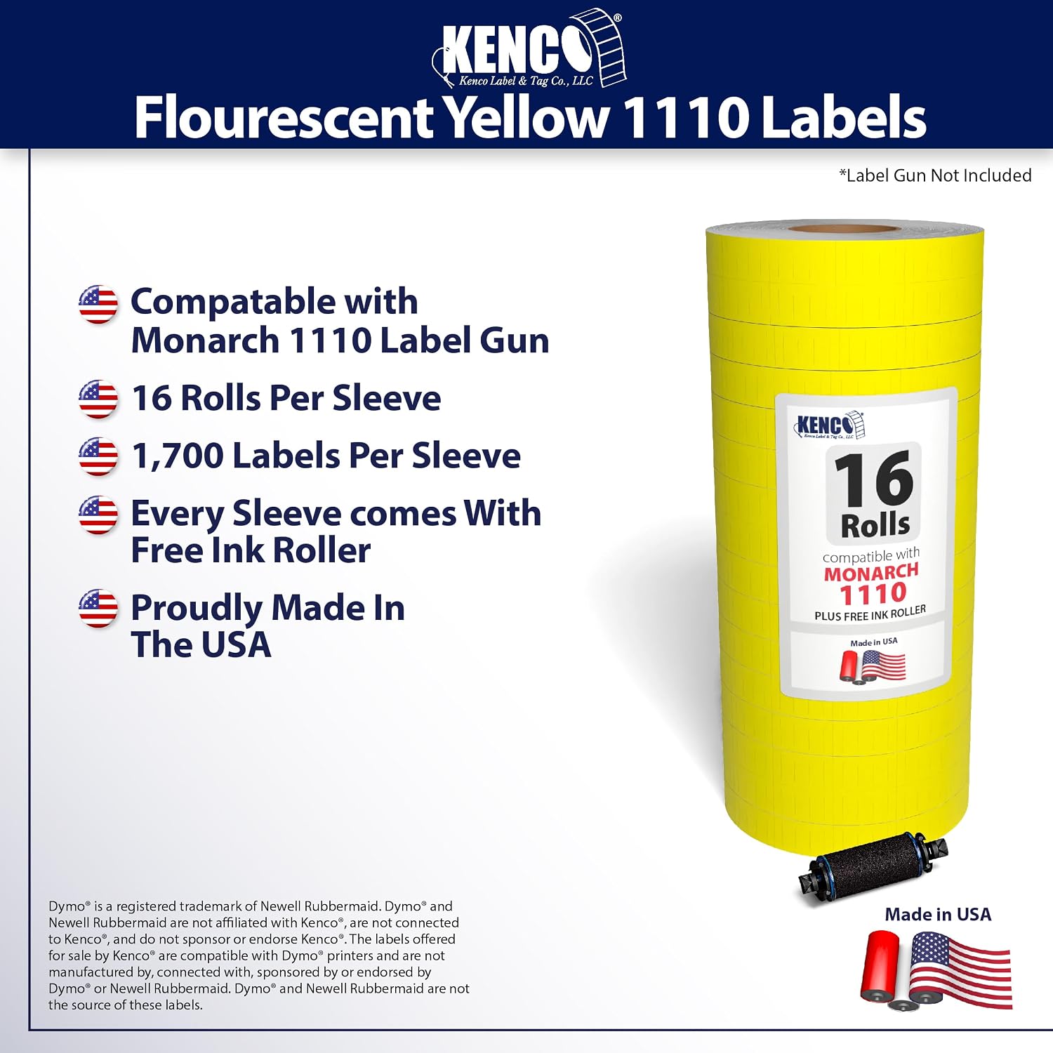 Labels by Kenco to Fit Monarch 1110 Price Gun – Made in The USA -Ink Rollers Included, Choose Your Color and Quantity (Fluorescent Yellow, 1 Sleeve 17,000 Labels)