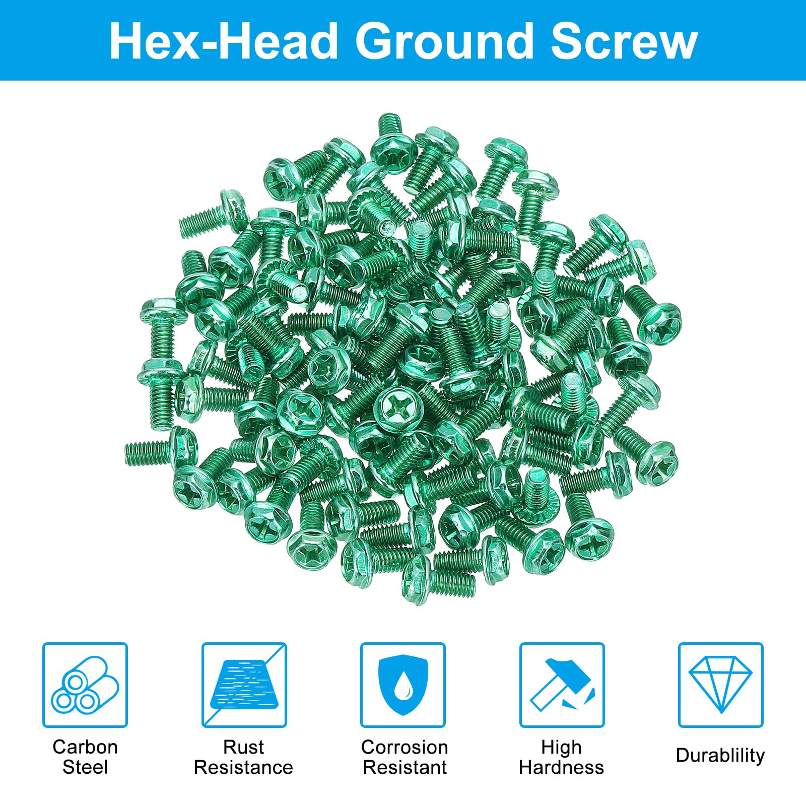 PATIKIL M4 x 8mm Thread Ground Screws, 100 Pack Green Electrical Grounding Screw Hex Phillips Head Flanged for Home Electrical Lamp - Image 3