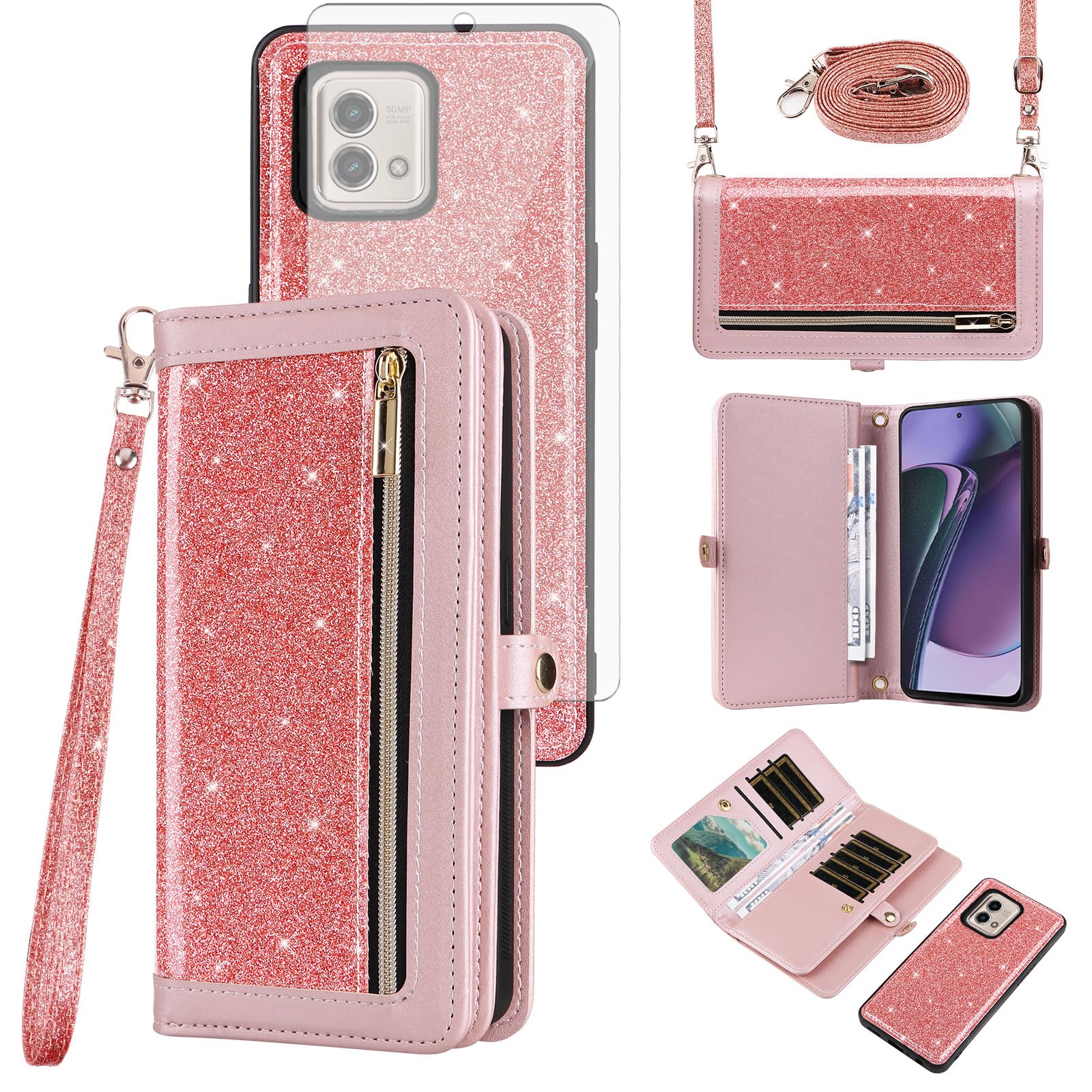 Asuwish Funda para Motorola Moto G Stylus 5G 2023 con cierre de cremallera y correa protectora de pantalla de vidrio templado, con purpurina brillante, tarjetero GStylus G5 XT2317DL XT2315-5 para