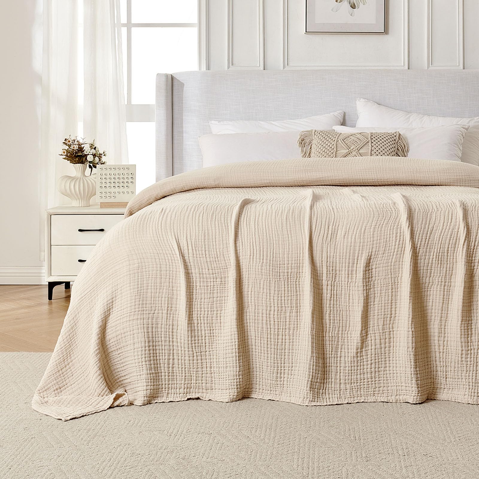 Joydeco Coperta in 100% mussola di cotone, per divano, letto e divano, coperta in morbida garza a 4 strati, leggera e traspirante, per tutte le stagioni, coperta di lusso in cotone da regalo (marrone