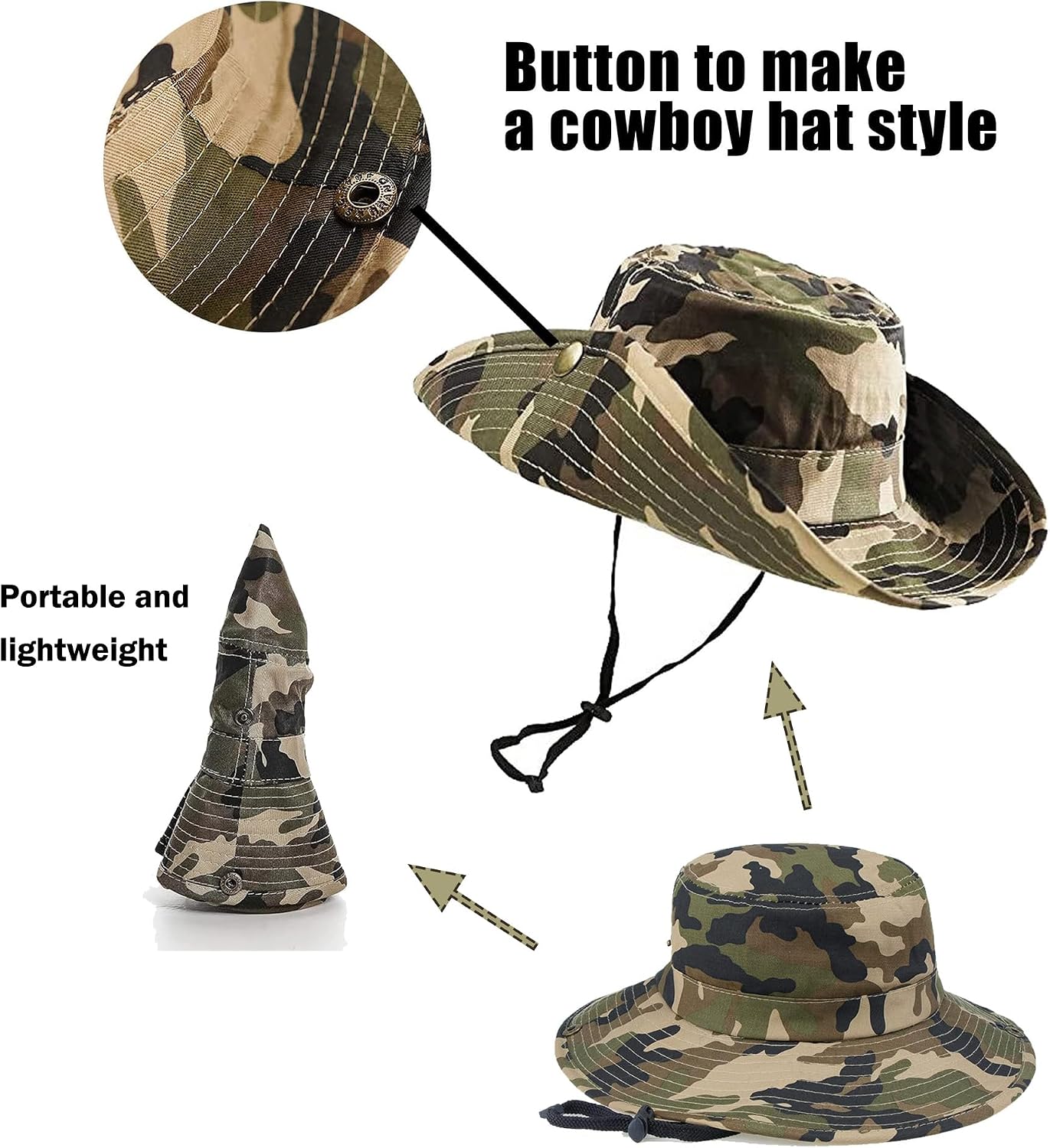 Cotton Camo Sun Hats for Kids, Quick-Dry Wide-Brim Sun-Protection Safari Fishing Toddler Bucket Hat, Army-Green 2-14Y