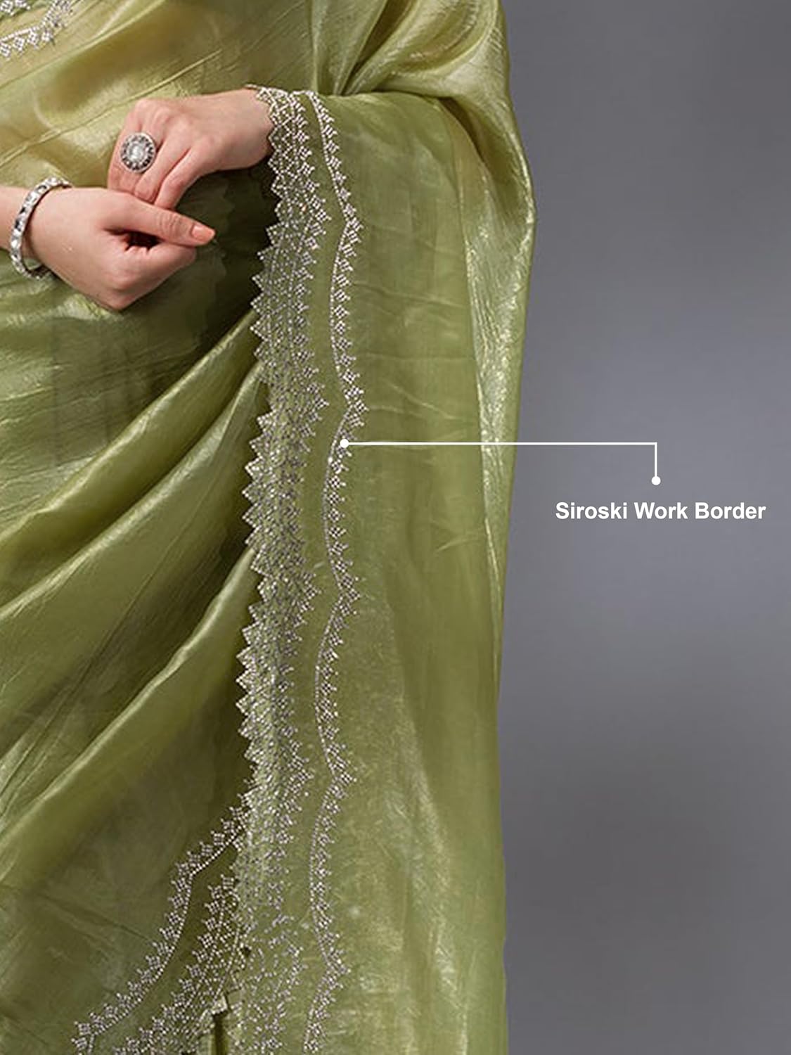TRENDMALLS Women's Tussar Silk Siroski Work Saree with Unstitch Blouse Piece (K1182-Mehndi)