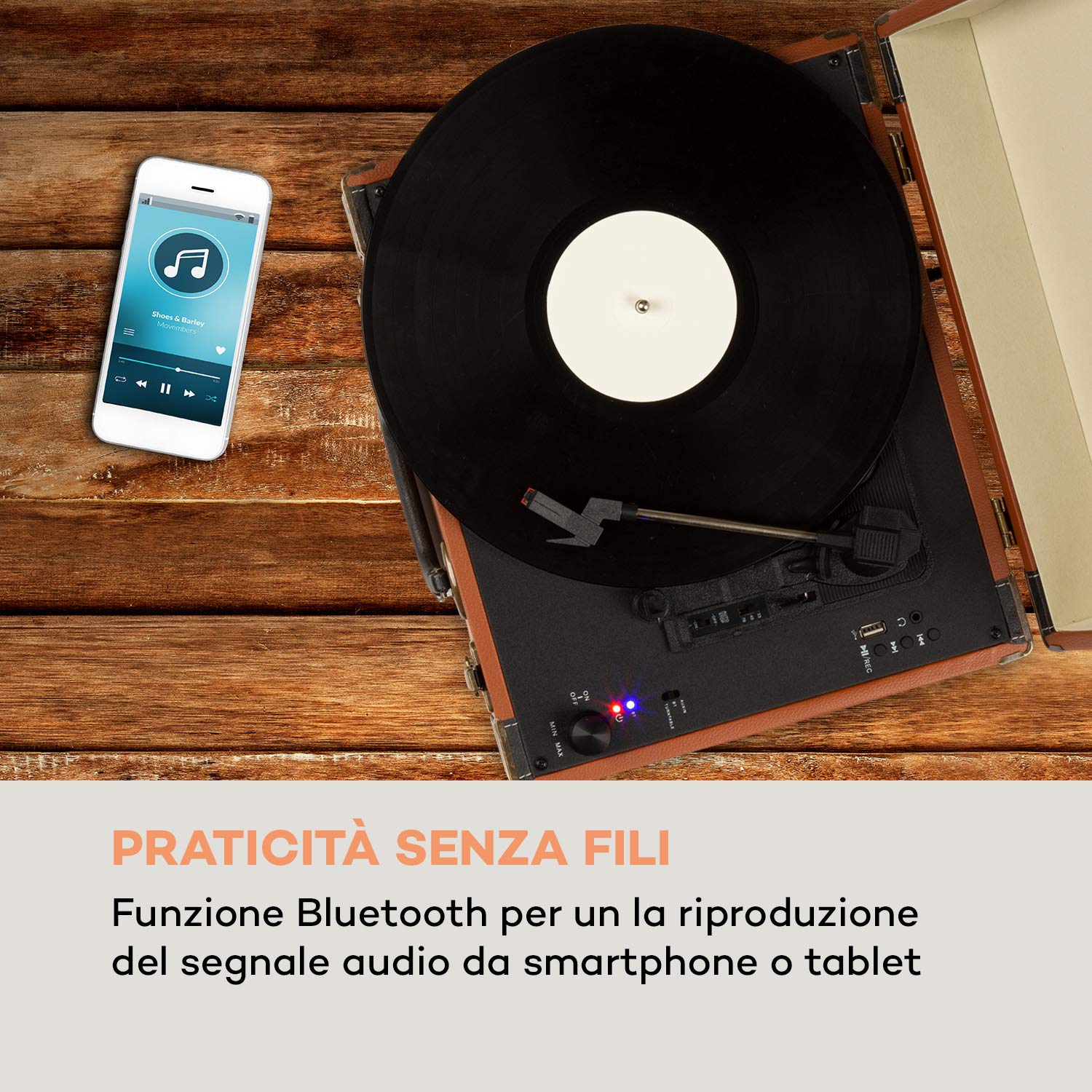 AUNA Jerry Lee - Giradischi Vintage, Lettore Vinili, Unità a Cinghia, Altoparlanti Stereo, USB, 3 Velocità, 33/45/78 giri/min, 3 Dimensioni di Dischi, Funzione di Avvio Automatico, Marrone Chiaro