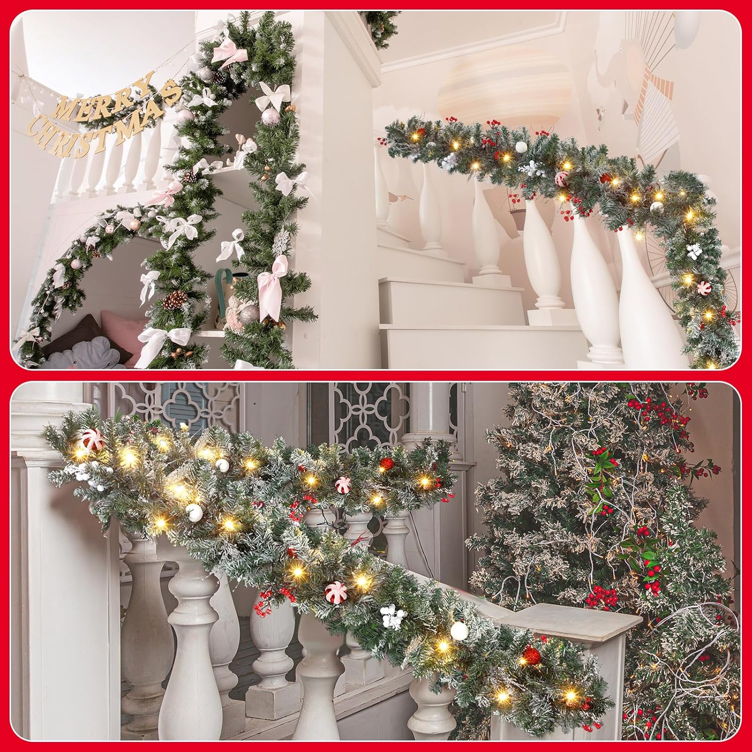 Ceenna 2 Pcs 6 ft Christmas Garland with Lights Christmas Prelit Artificial Garland with Pine Berries Decor Christmas Fireplace Decorations for Mantle Banister Indoor Outdoor(Ball)