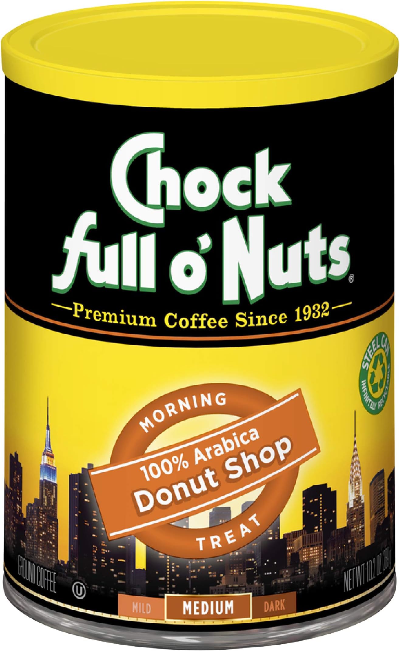 Donut Shop Ground Coffee – Premium Beans in Recyclable Steel Can – Rich Flavor & Aroma, Medium Roast – Perfect for Drip, Pour-Over, Percolator – 10.2 Oz Can
