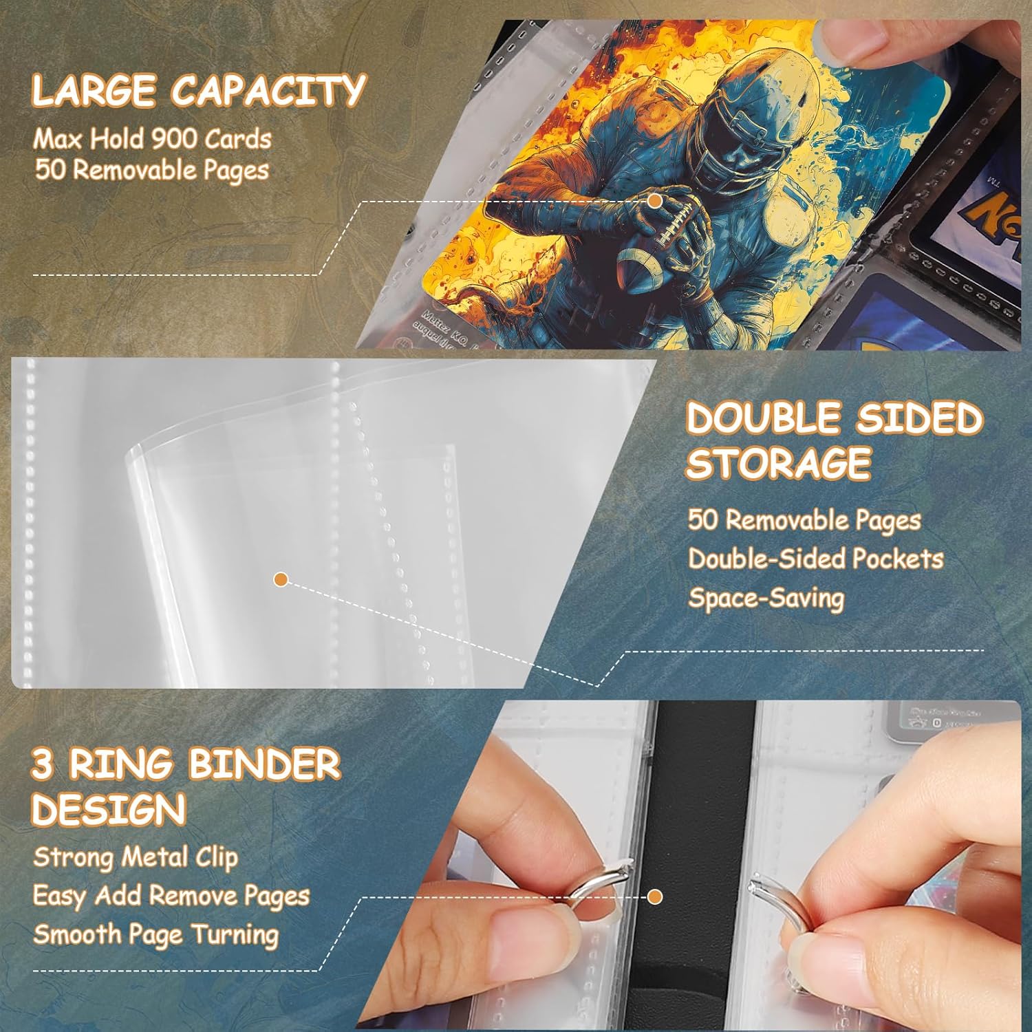 Football Card Binder 9 Pocket, Holds 900 Cards with 50 Removable Double-Sided Sleeves, Portable Card Collection Trading Card Album for TCG, MTG, Sports Cards